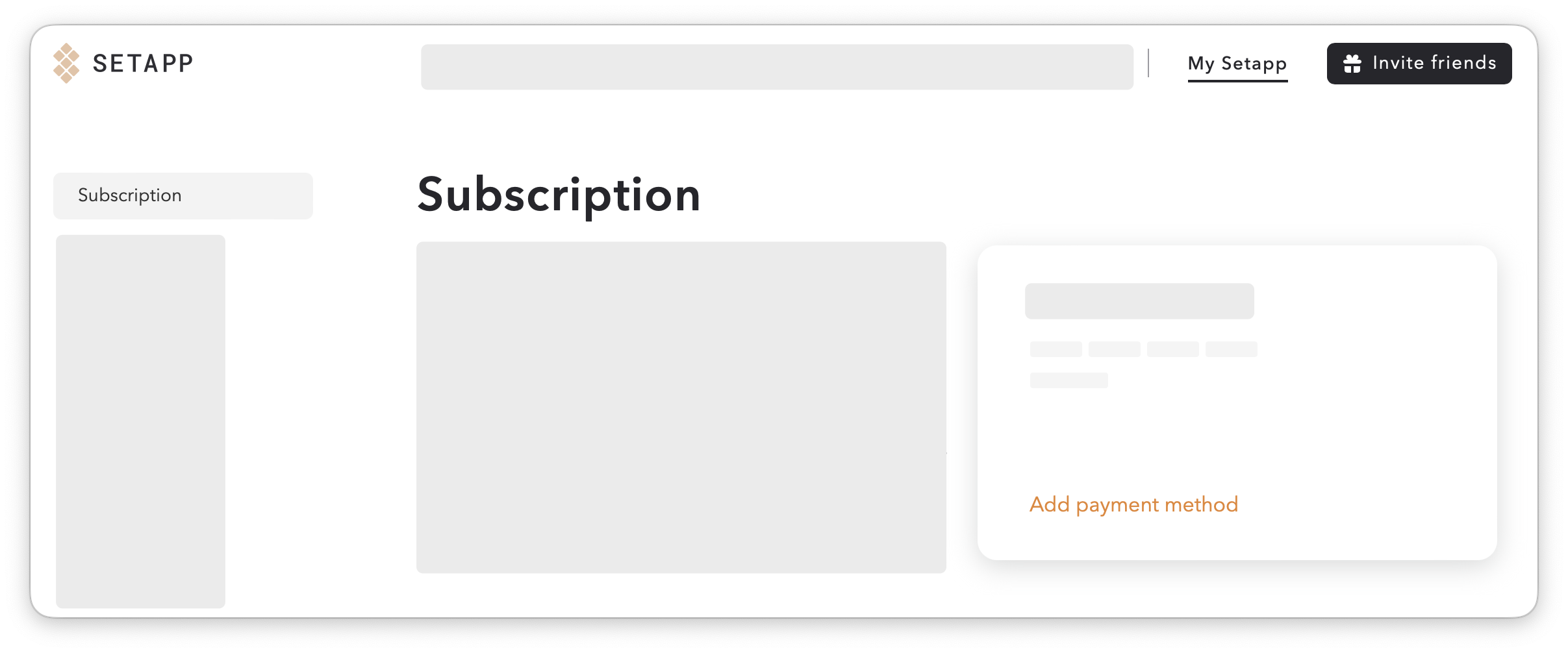 Screenshot of the Setapp Subscription page with the “Add payment method” button highlighted.
