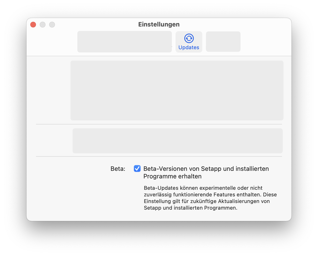 Der Screenshot zeigt die Einstellungen mit der aktivierten Checkbox „Beta-Versionen von Setapp und installierten Programme erhalten“.