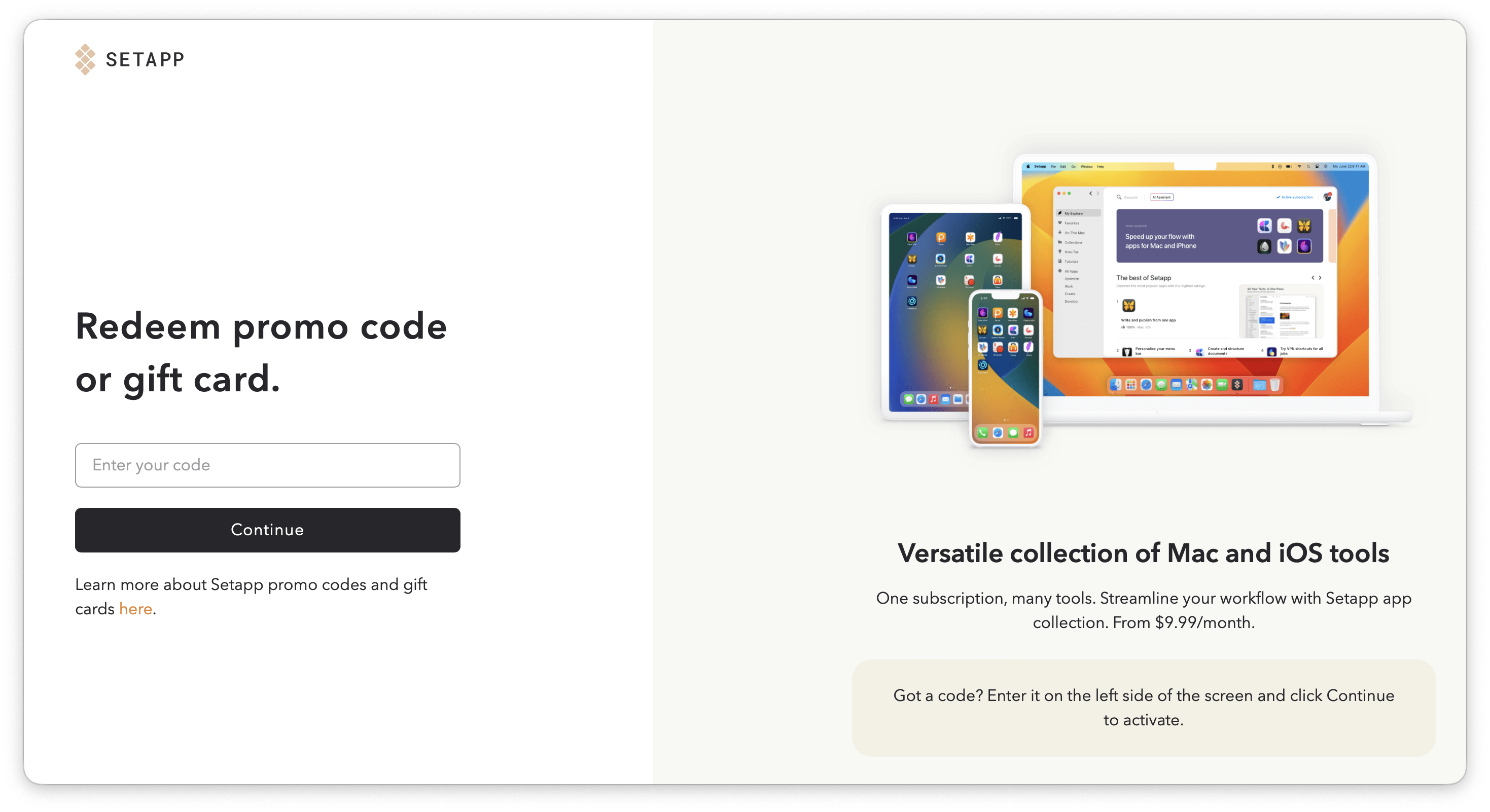The screenshot shows the Setapp promo code redemption page. On the left, there's a field to enter a code and a “Continue” button. On the right, there's an image of Apple devices and a short promotional description of the app collection.