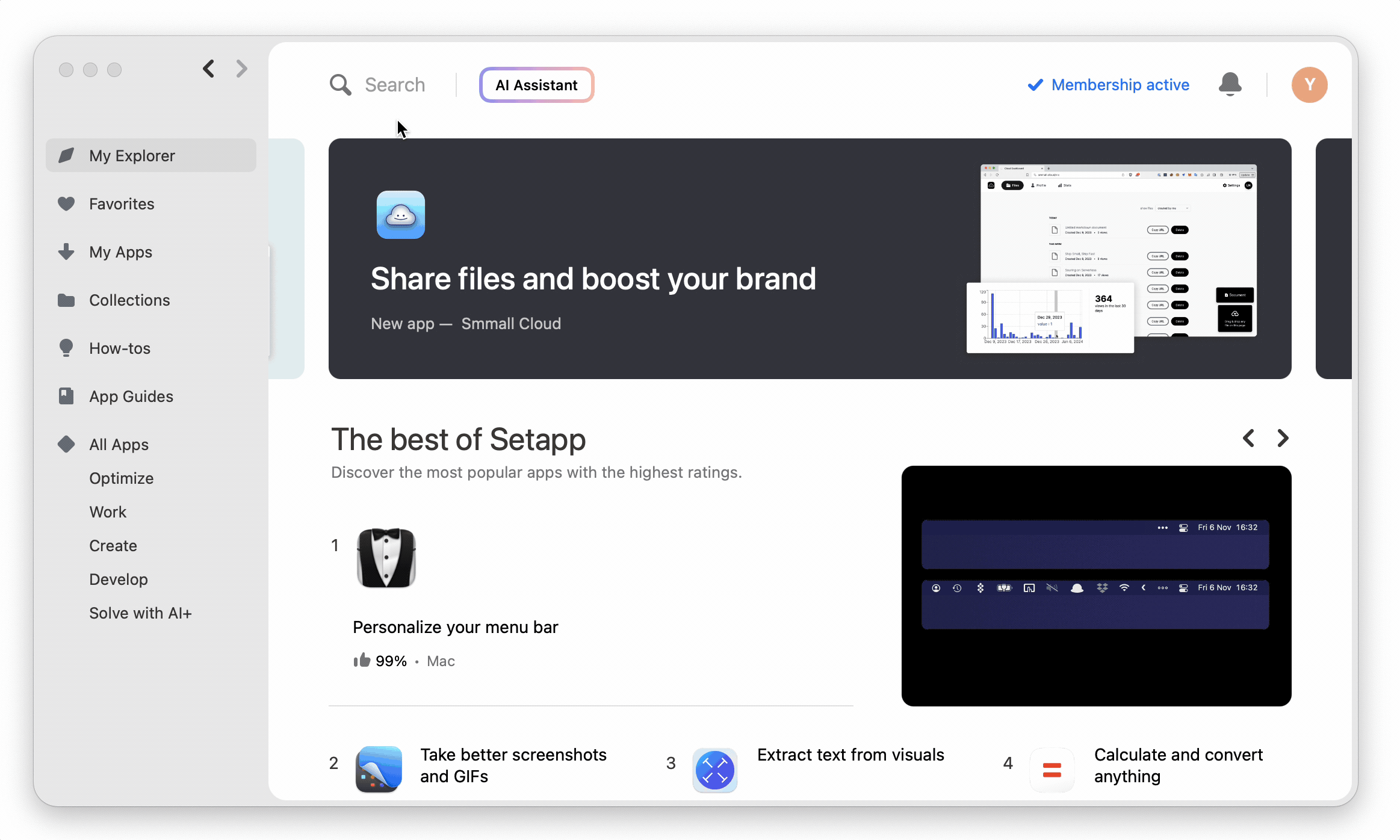 the animated screenshot shows how a user types “create a gif” first to the serach field, and then to the AI Assistant.