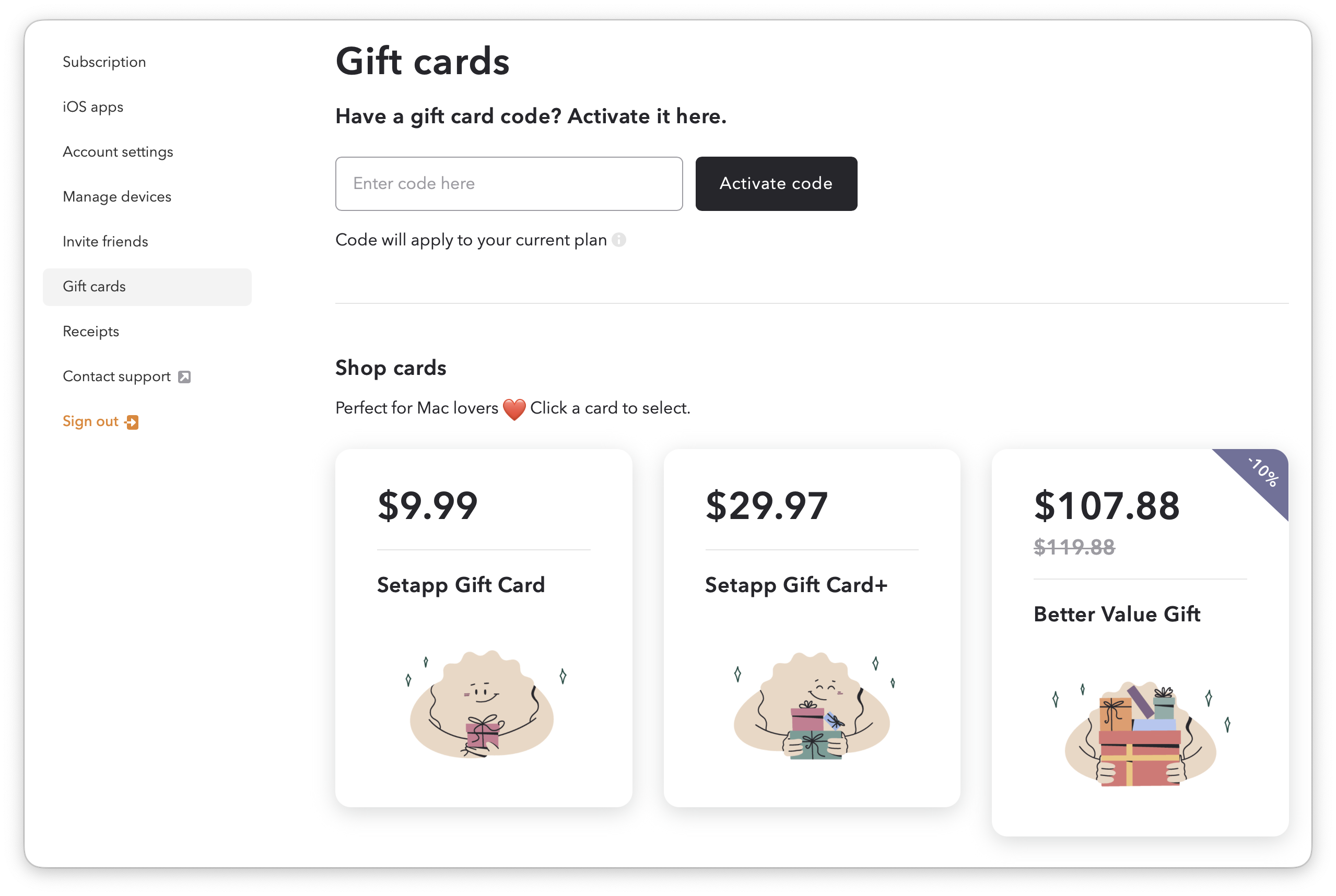 The screenshot shows the “Gift cards” section in the Setapp account. At the top, there is a code entry field with an “Activate code” button.