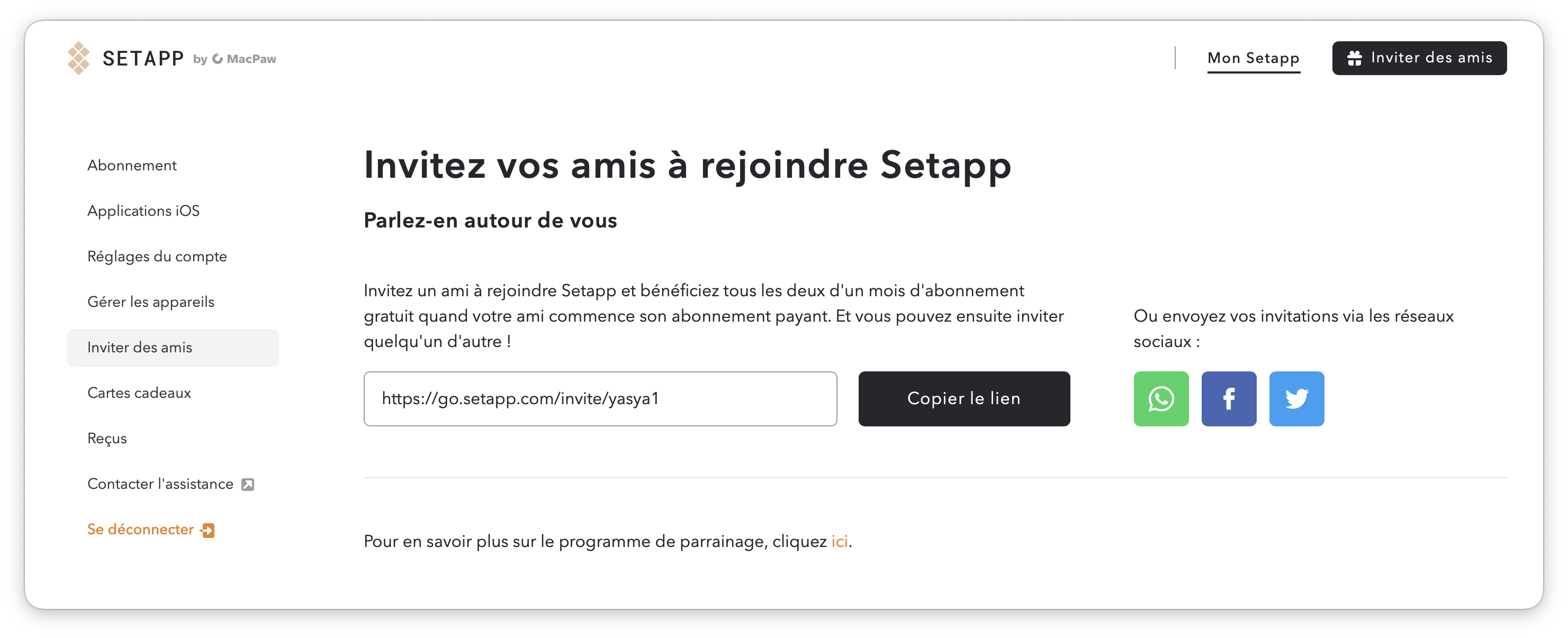 La capture d’écran montrant la page « Inviter des amis » avec un lien de parrainage et des options de partage.