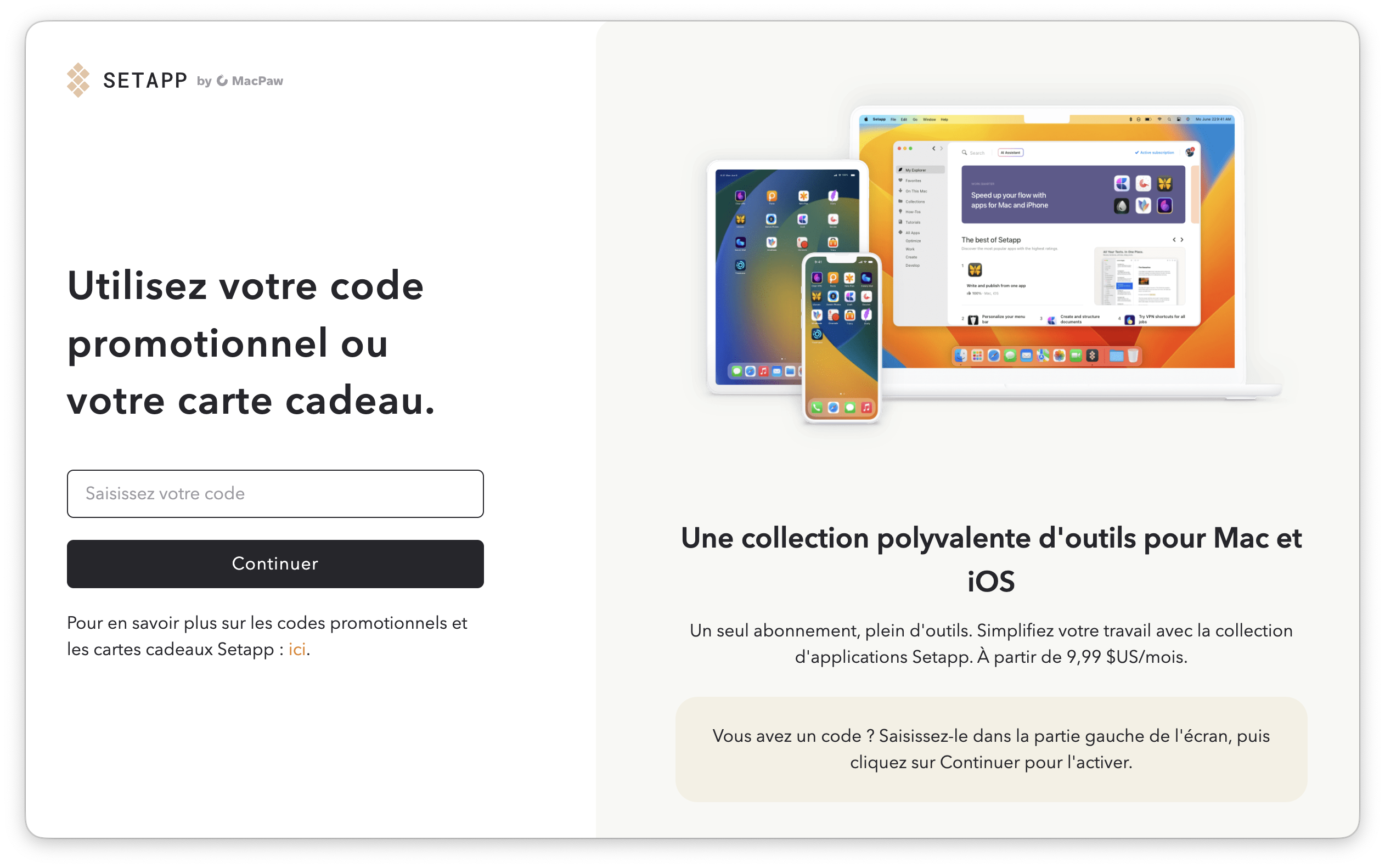 La capture d’écran montre la page de saisie d’un code promotionnel ou d’une carte cadeau Setapp. À gauche se trouve un champ pour entrer un code, accompagné du bouton « Continuer ». À droite, une illustration d’appareils Apple et un texte promotionnel sur la collection d’outils Setapp.