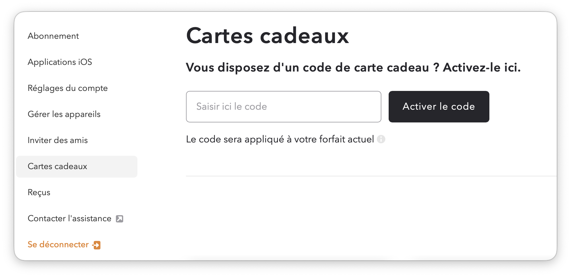 La capture d’écran montre la page « Cartes cadeaux » dans le compte utilisateur Setapp. Le menu latéral met en surbrillance l’élément « Cartes cadeaux ». À droite, on trouve un champ pour saisir un code et un bouton « Activer le code ».