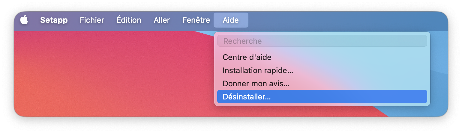 La capture d’écran montre la barre de menus Setapp sur macOS avec le menu « Aide » ouvert. L’option « Désinstaller… » est sélectionnée en bas de la liste déroulante.