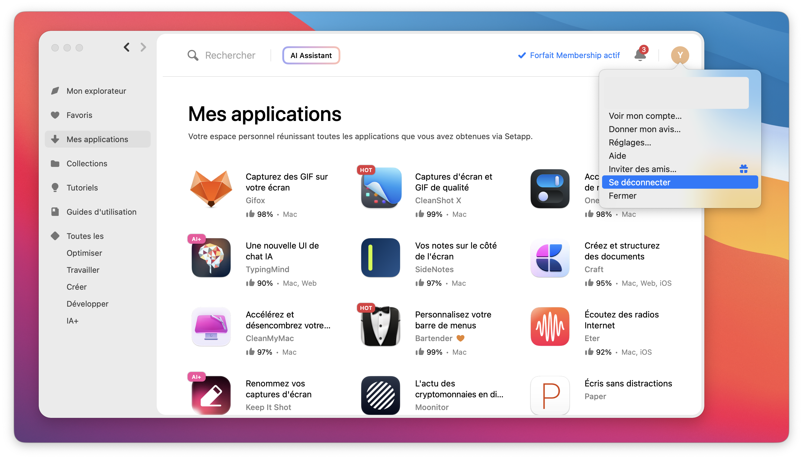 La capture d’écran montre le menu du compte dans l’interface Setapp, avec l’option « Se déconnecter » sélectionnée.