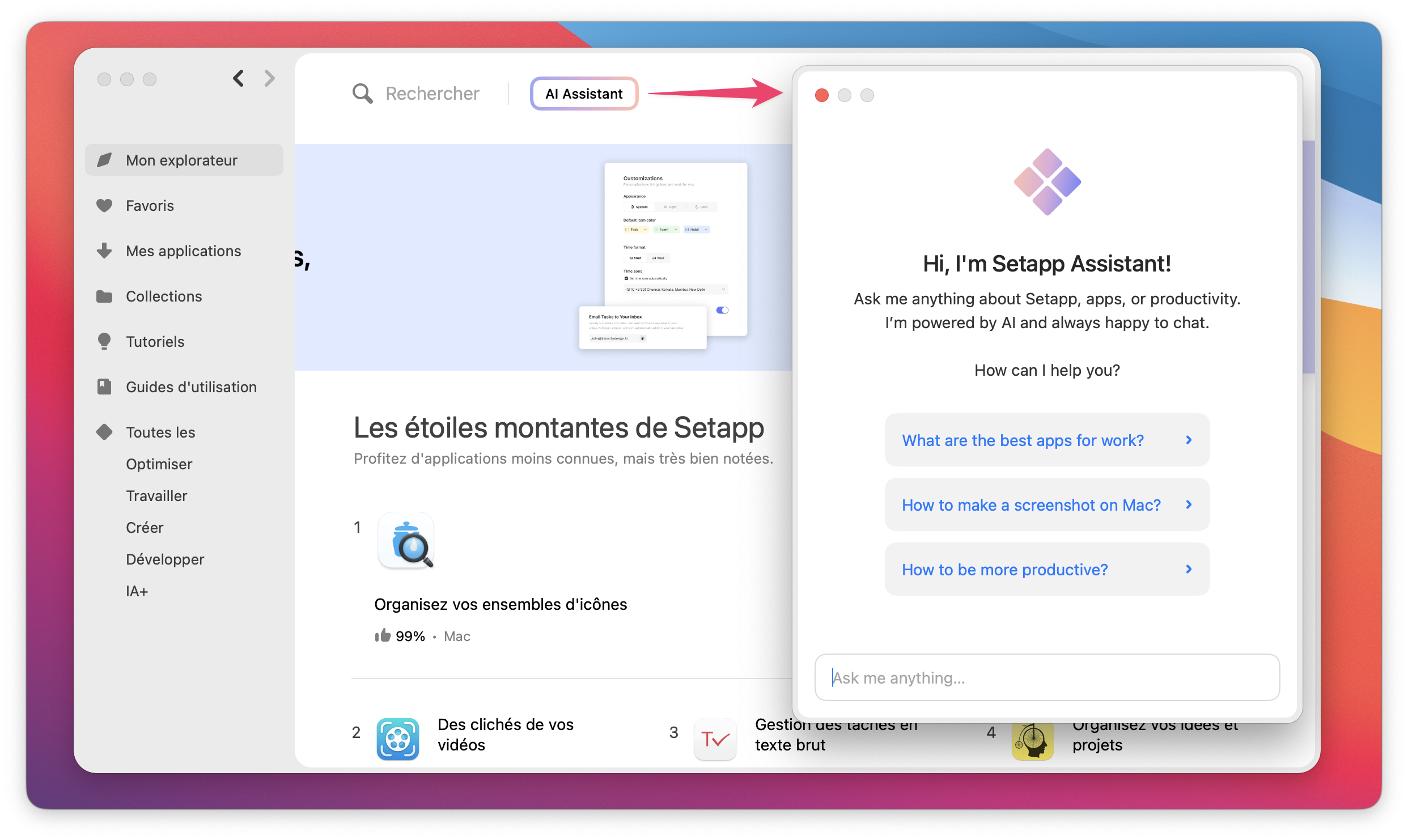 La capture d’écran montre l’ouverture du « Setapp Assistant » après avoir cliqué sur le bouton « AI Assistant » dans l’interface.