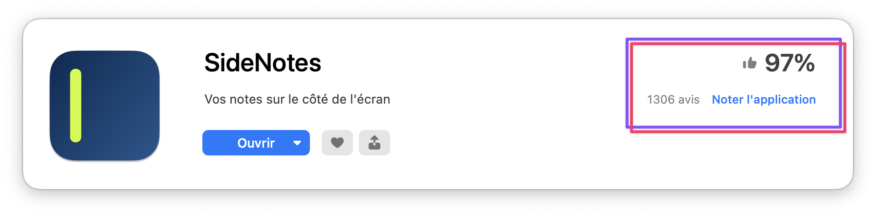 La première capture montre l'application SideNotes avec une évaluation de 97 %, 1306 avis, et le lien « Noter l'application » encadré.