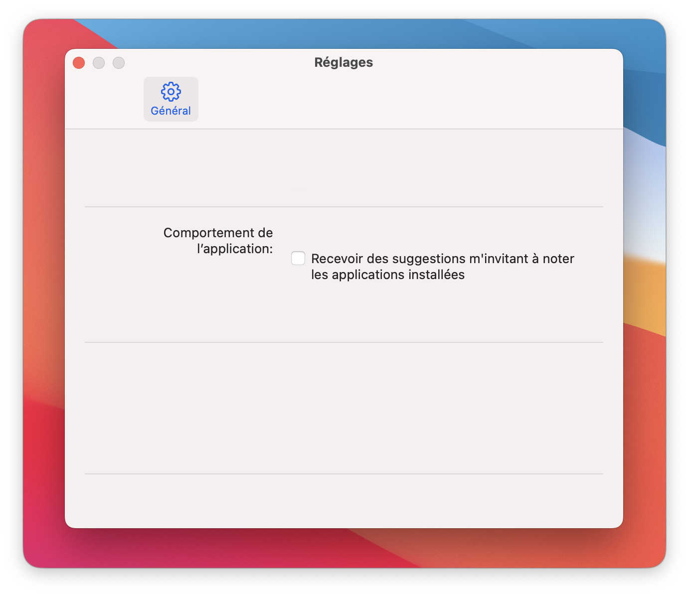 La troisième capture montre les réglages généraux avec l’option décochée « Recevoir des suggestions m’invitant à noter les applications installées ».
