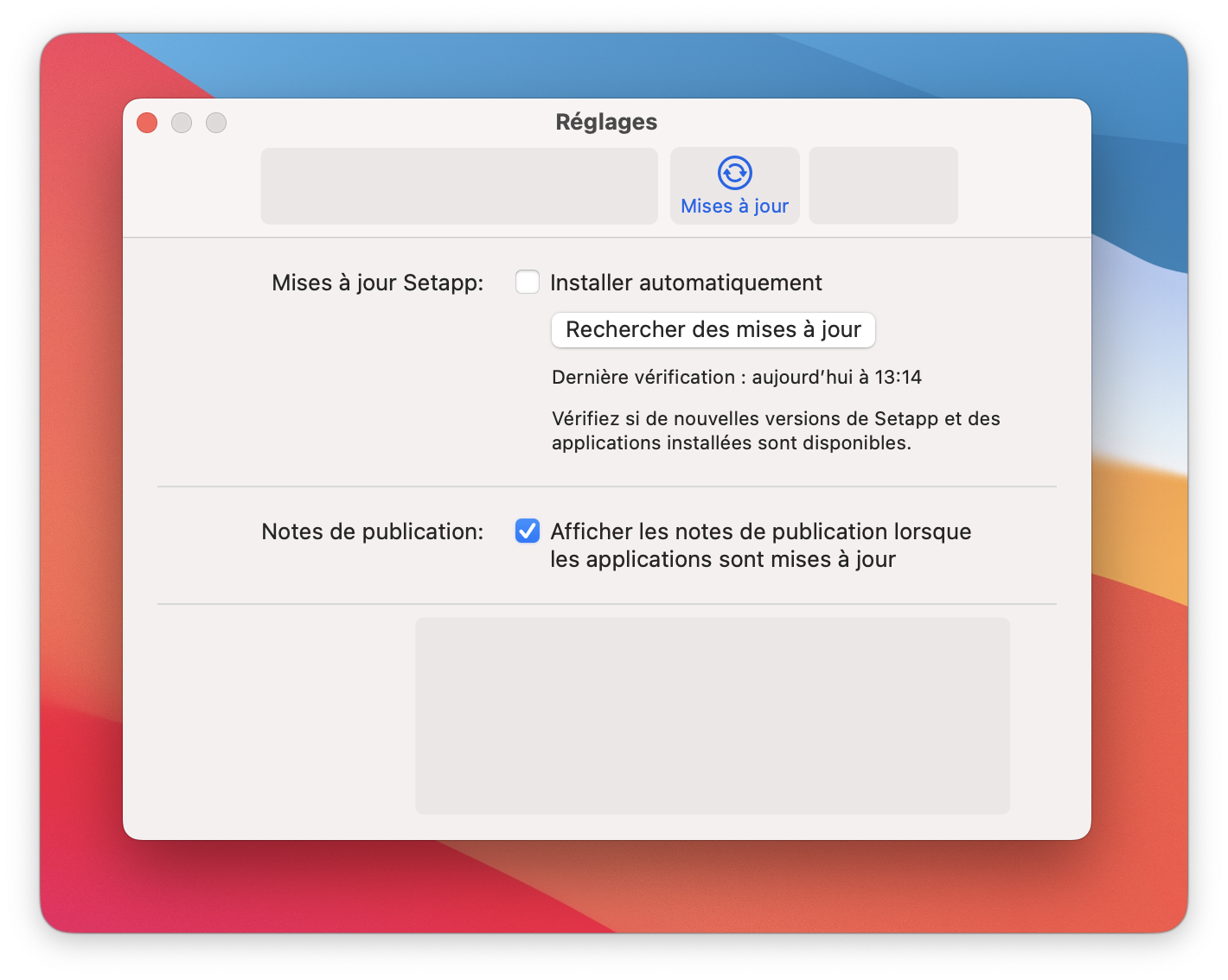 La capture d’écran montre l’onglet « Mises à jour » des réglages de Setapp, avec l’option pour rechercher manuellement des mises à jour et une case cochée pour afficher les notes de publication après les mises à jour.