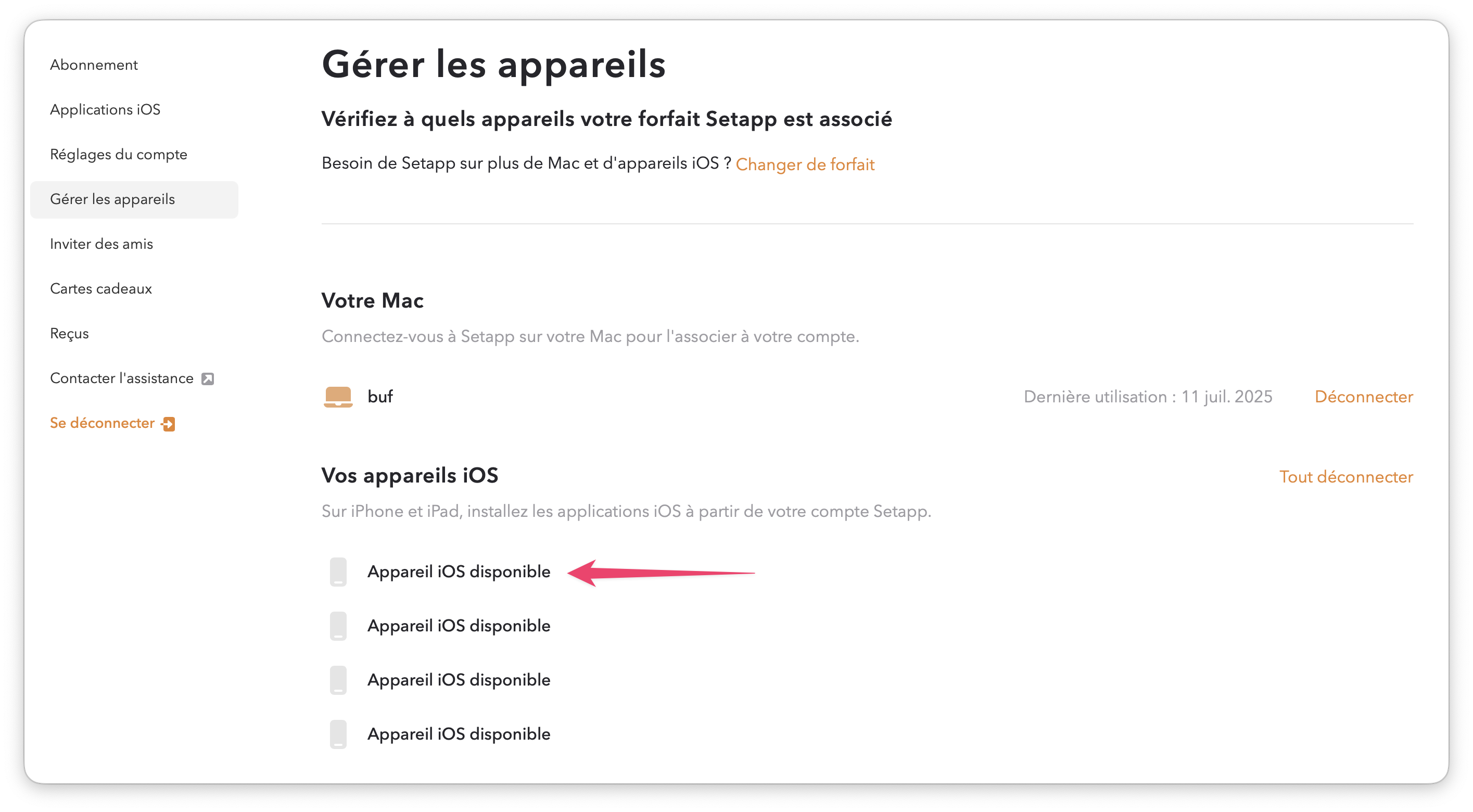 Page titled “Gérer les appareils” with “Appareil iOS disponible” listed under “Vos appareils iOS”.