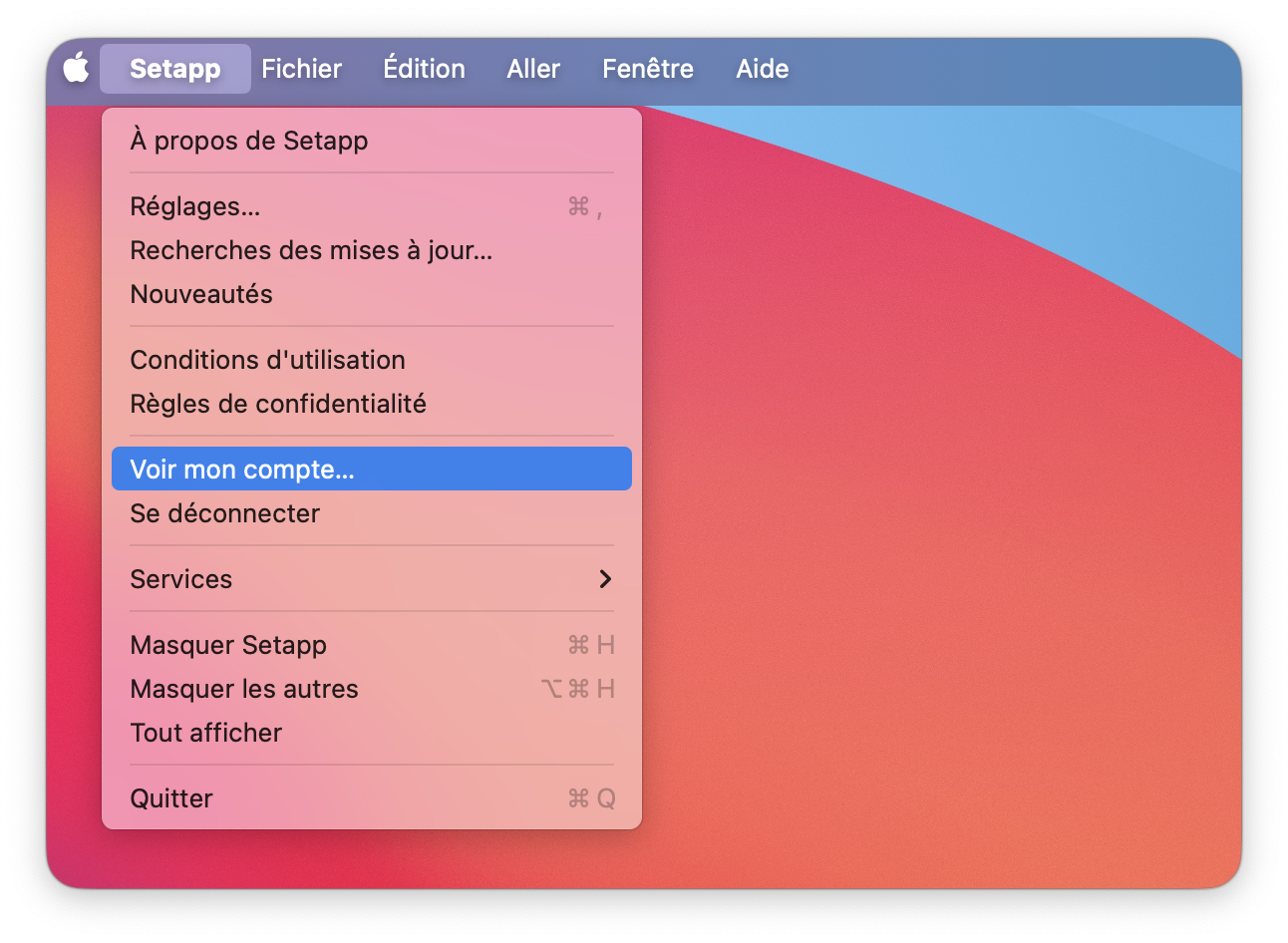 Menu de l'application Setapp ouvert dans la barre de menu macOS. L’option « Voir mon compte… » est mise en surbrillance, située entre les éléments « Règles de confidentialité » et « Se déconnecter ».