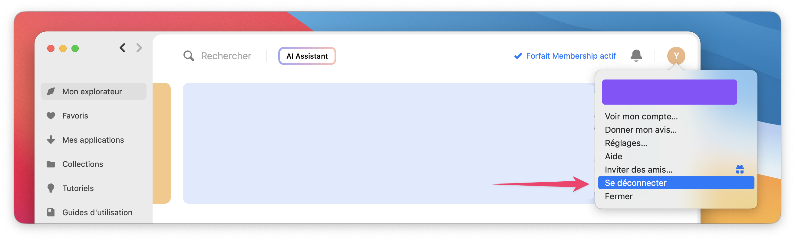 La capture d’écran montre le menu du compte dans l’interface Setapp, avec l’option « Se déconnecter » sélectionnée.