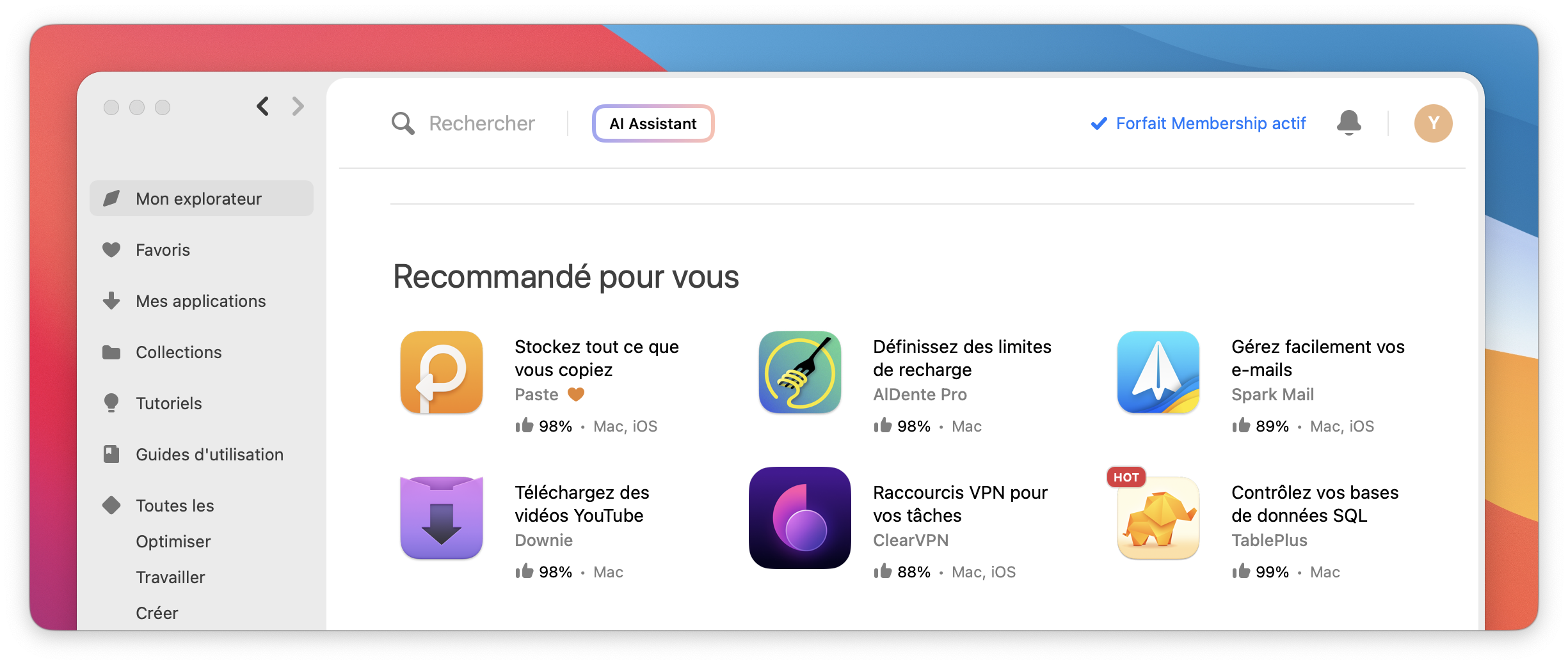 La capture d'écran montre la section «&nbsp;Recommandé pour vous&nbsp;» mise en évidence sur la page principale, affichant six applications Mac suggérées.