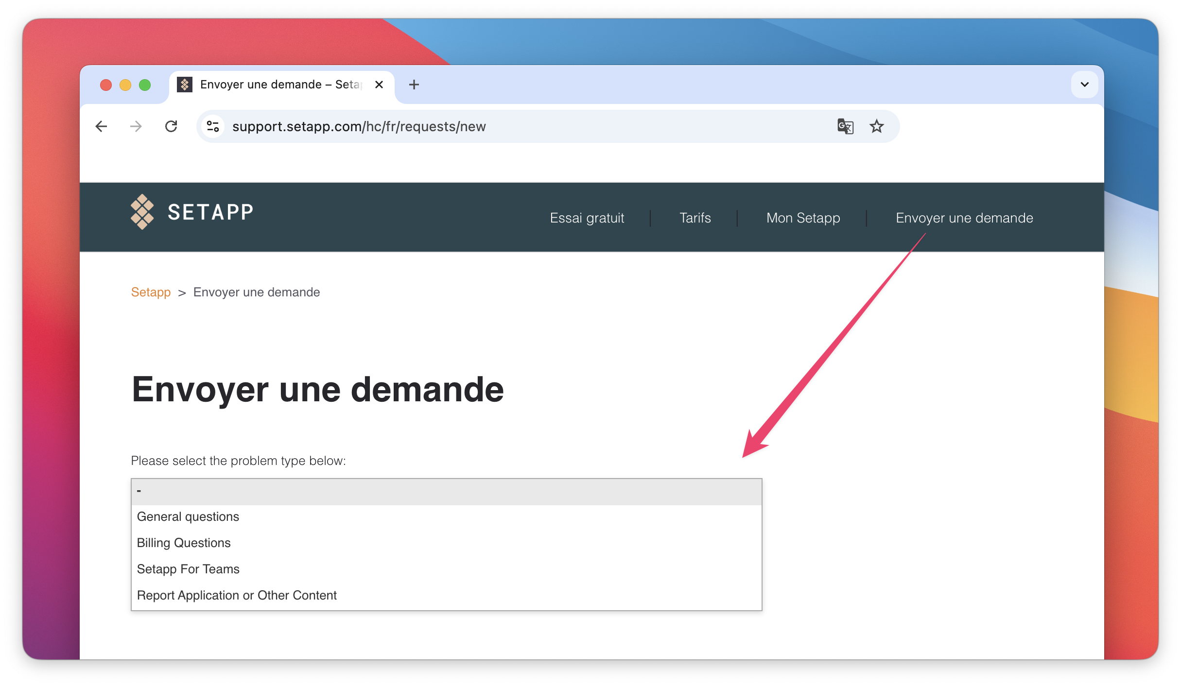 Le screenshot montre la page « Envoyer une demande » avec la liste déroulante ouverte pour choisir le type de problème.