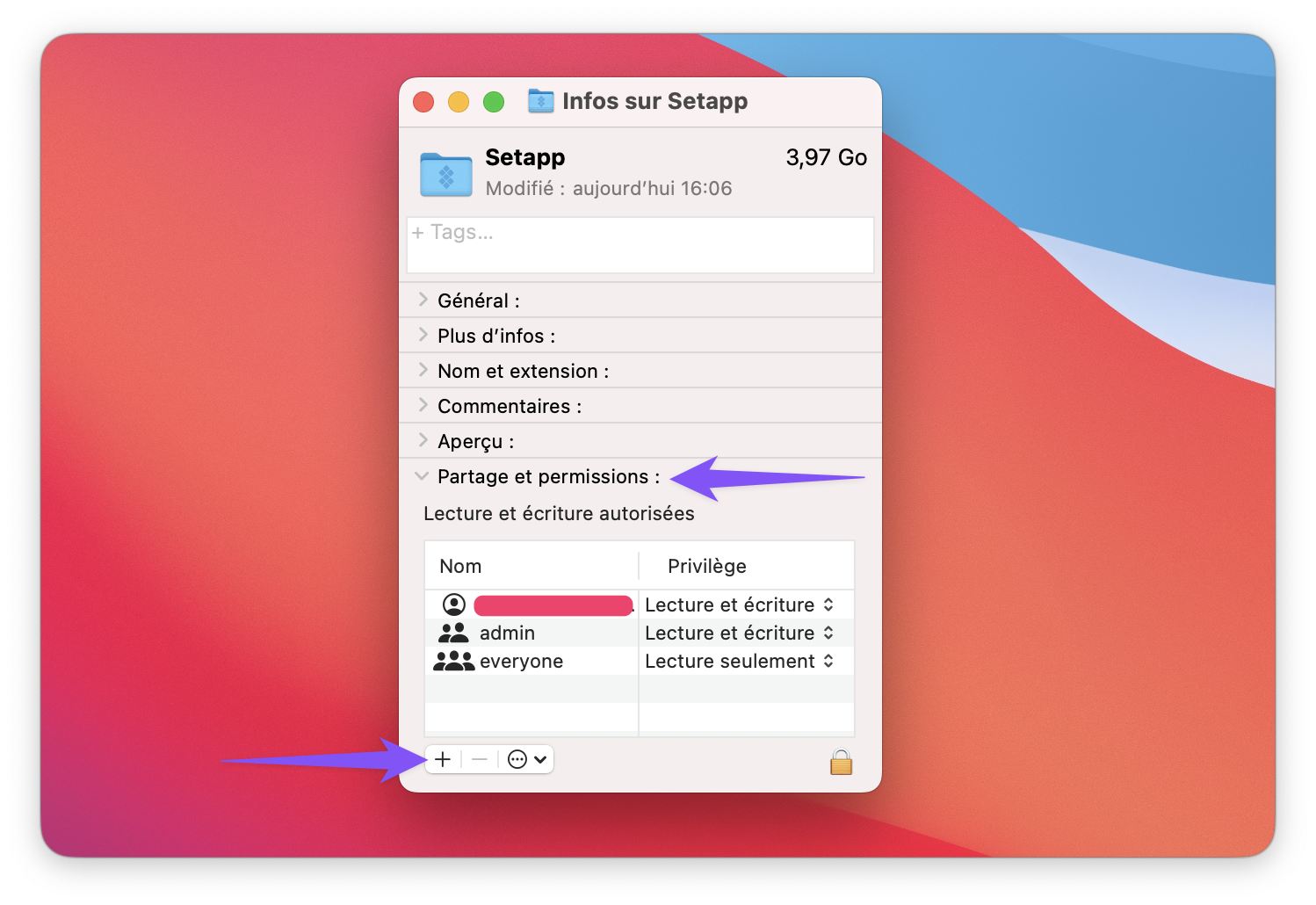 La capture montre la section "Partage et permissions" dans la fenêtre d’informations de Setapp, avec une flèche pointant vers le bouton pour ajouter des utilisateurs.