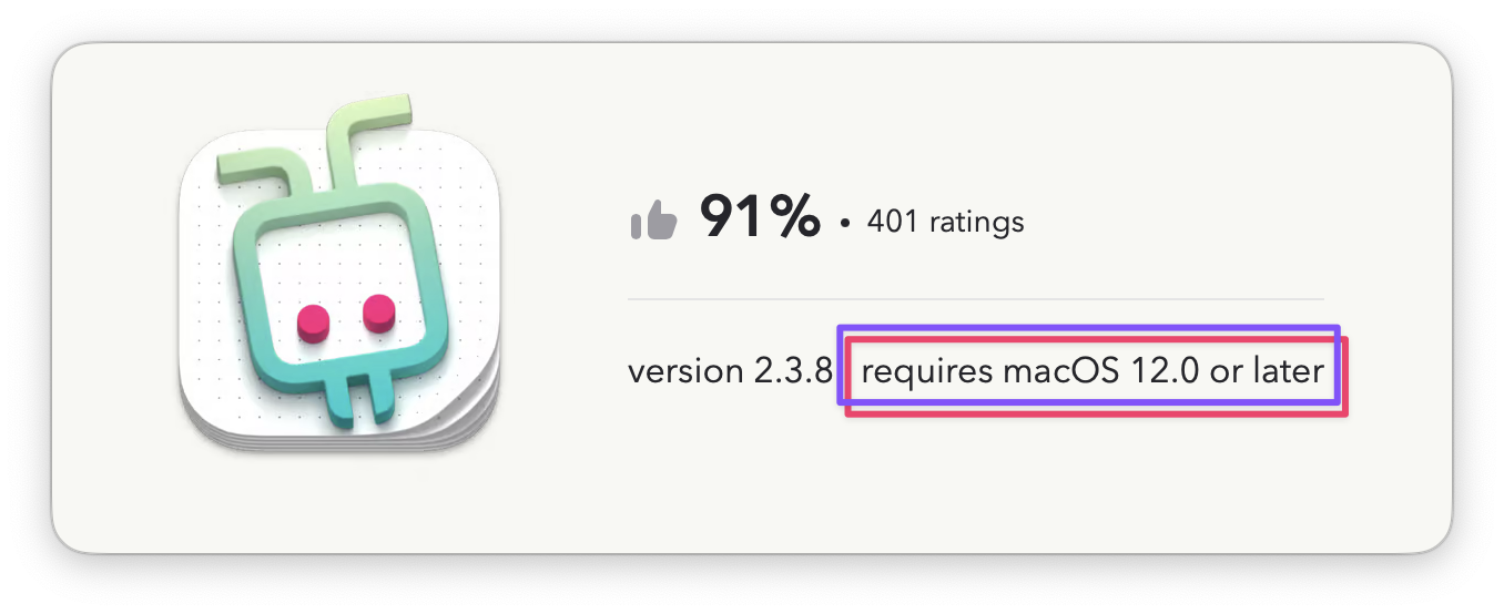 Screenshot showing a Setapp app page with the text “requires macOS 12.0 or later” highlighted under version 2.3.8.