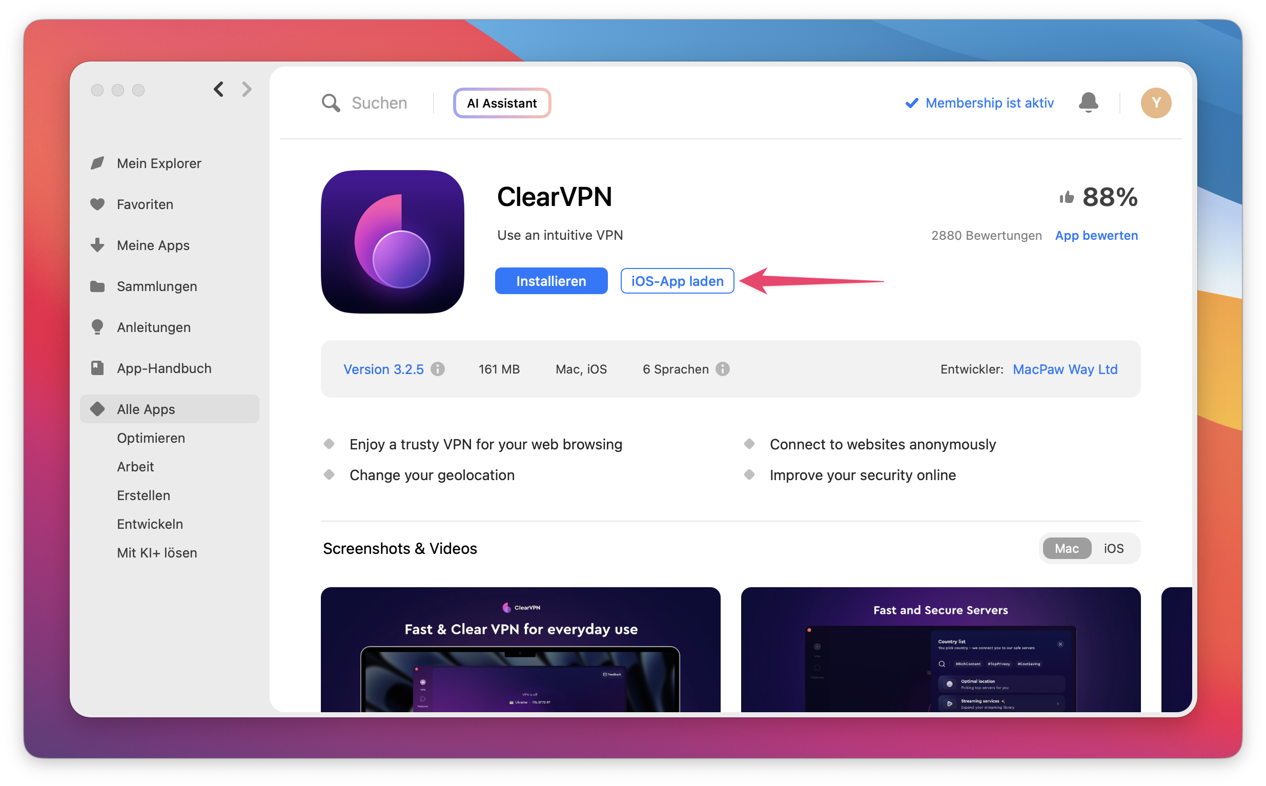 Der Screenshot zeigt die App-Seite von ClearVPN in Setapp mit hervorgehobener Schaltfläche „iOS-App laden“.