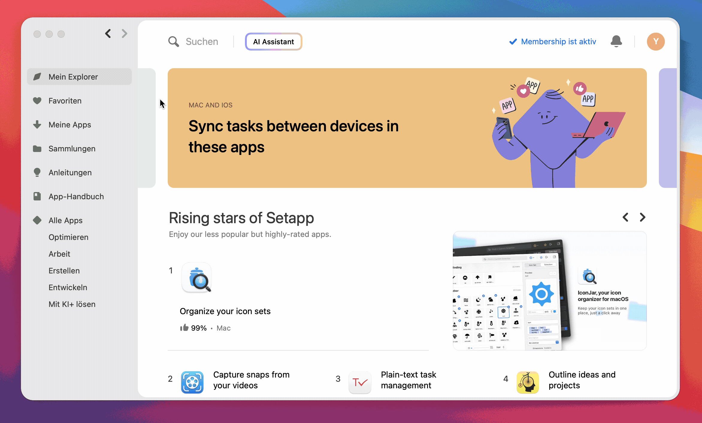 Die animierte Bildschirmaufnahme zeigt die Setapp-Oberfläche auf Deutsch, einschließlich der Navigation links mit Punkten wie „Mein Explorer“, „Favoriten“ und „Anleitungen“ sowie hervorgehobenen App-Empfehlungen im Bereich „Rising stars of Setapp“.