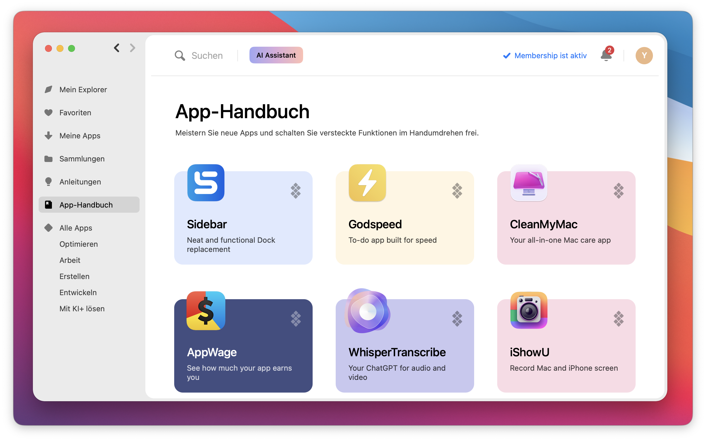 Der Screenshot zeigt die Setapp Desktop-Oberfläche mit geöffnetem Bereich App-Handbuch