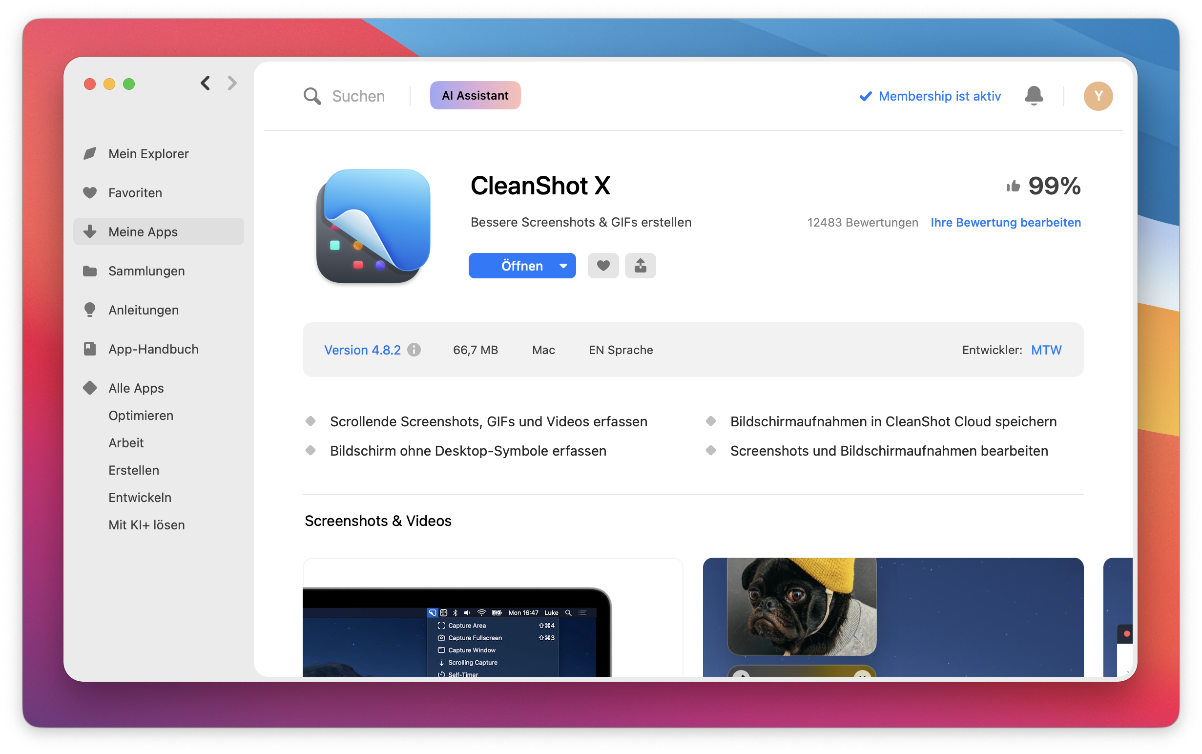 Der Screenshot zeigt eine App-Seite in Setapp.