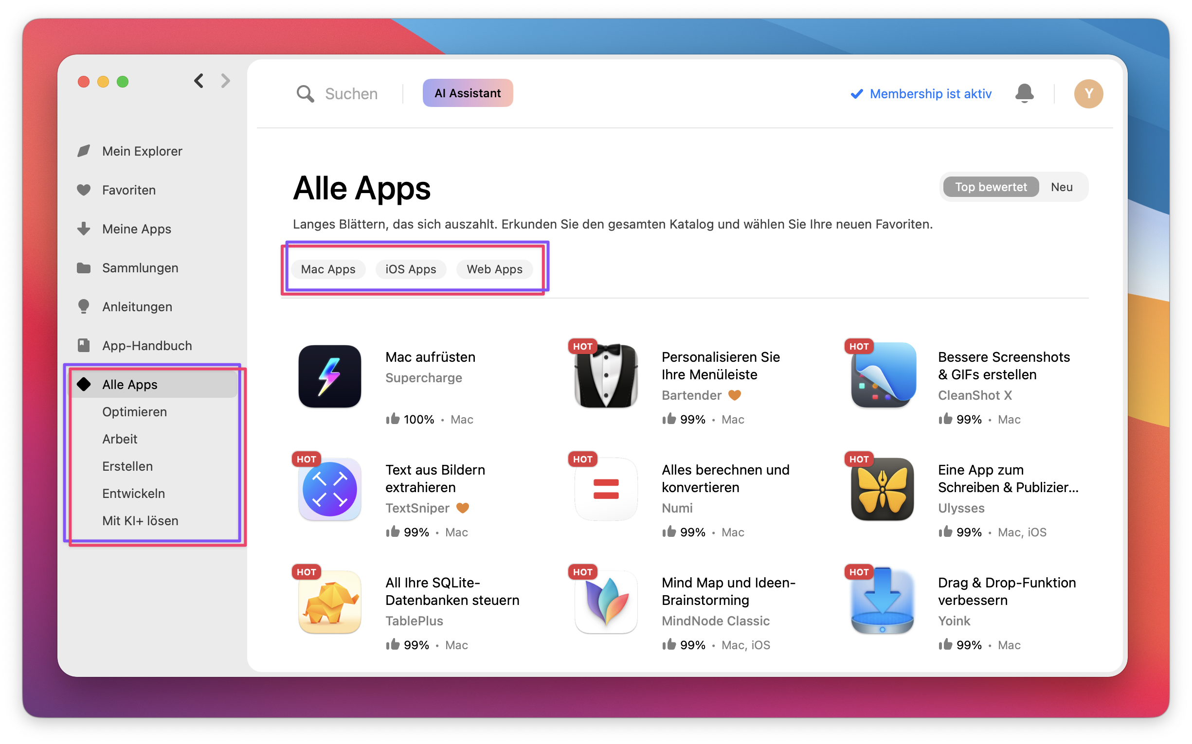 Der Screenshot zeigt die Seite „Alle Apps“ in Setapp. Hervorgehoben sind zwei Bereiche:  Die linke Navigationsleiste mit den Kategorien: Alle Apps, Optimieren, Arbeit, Erstellen, Entwickeln, Mit KI+ lösen. Die oberen Filteroptionen in der App-Ansicht: Mac Apps, iOS Apps, Web Apps.