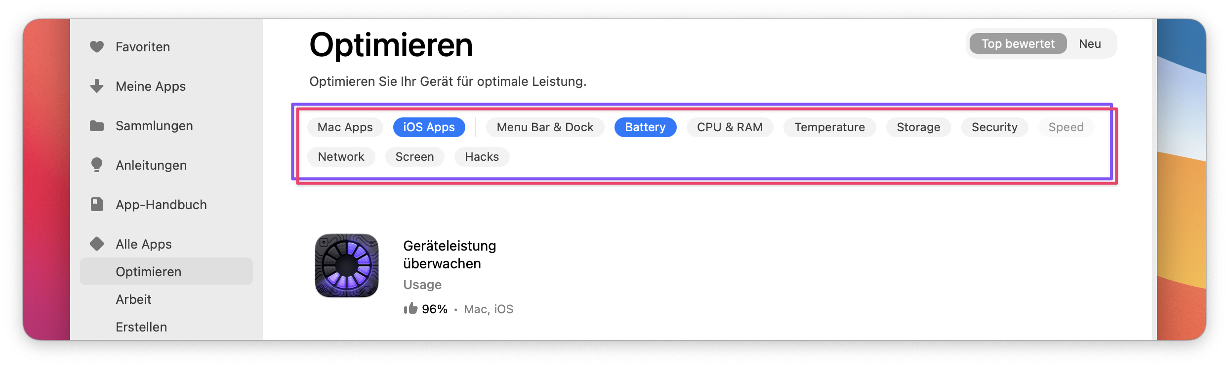 Der Screenshot zeigt den Bereich „Optimieren“ in Setapp. Hervorgehoben ist die Filterleiste mit Kategorien wie Mac Apps, iOS Apps, Menu Bar & Dock, Battery, CPU & RAM, Temperature, Storage, Security und weiteren.