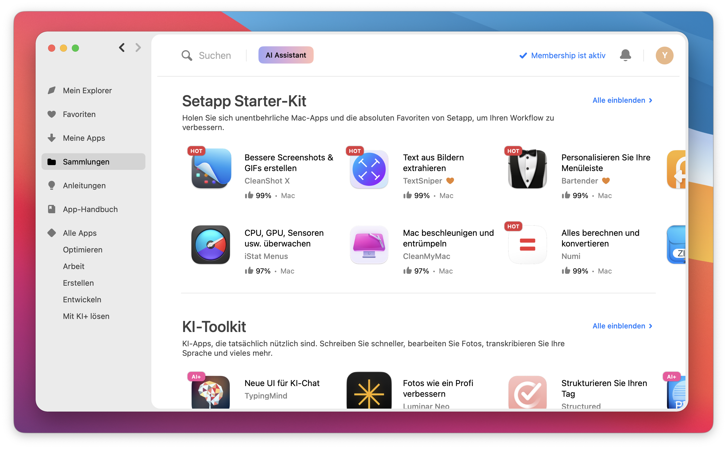 Der Screenshot zeigt die Setapp-Oberfläche im Bereich „Sammlungen“ mit dem „Setapp Starter-Kit“ und dem „KI-Toolkit“. Mehrere empfohlene Apps wie CleanShot X, TextSniper, Bartender und CleanMyMac sind mit Bewertungen aufgeführt.