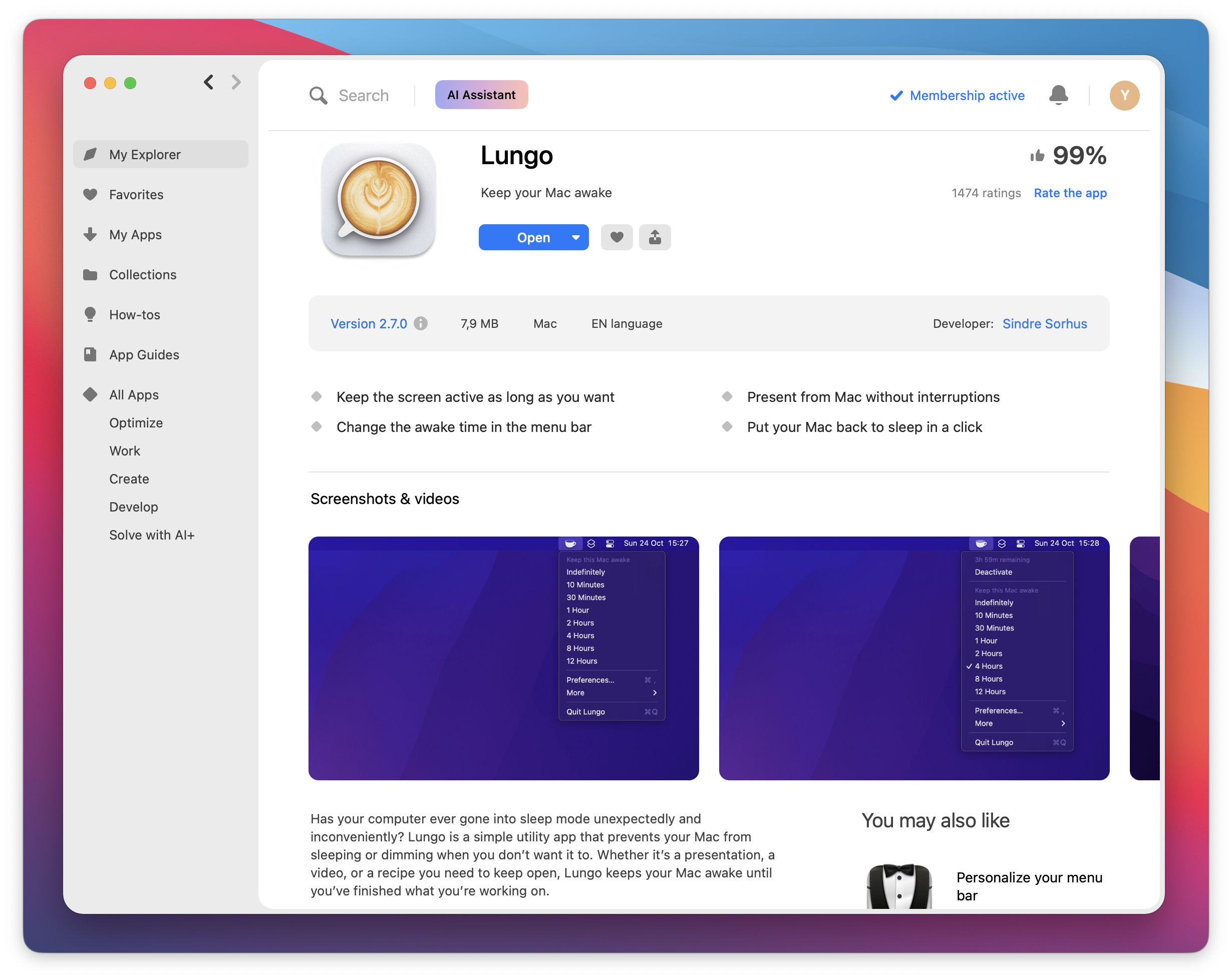 The screenshot shows an app page in Setapp. The page displays app details, a rating, version information, feature list, and a section with screenshots and videos.