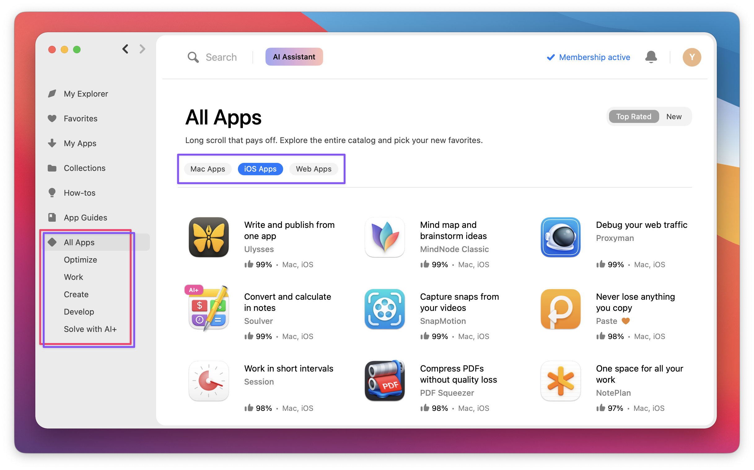 The screenshot shows the “All Apps” section in Setapp. Highlighted areas include the sidebar navigation with categories like All Apps, Optimize, Work, Create, Develop, and Solve with AI+, as well as the top filters: Mac Apps, iOS Apps, and Web Apps.