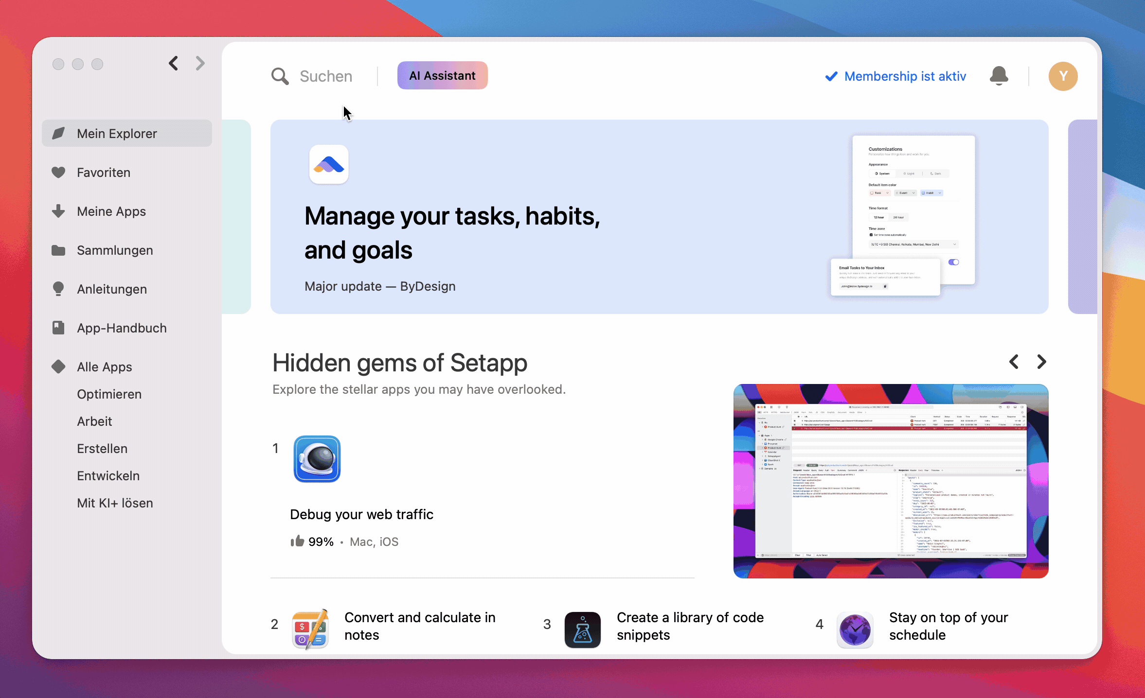 Auf dem animierten Screenshot gibt ein Benutzer „Bildschirm aktiv halten“ in das Suchfeld ein und dann „keep screen awake“ im KI-Assistenten.