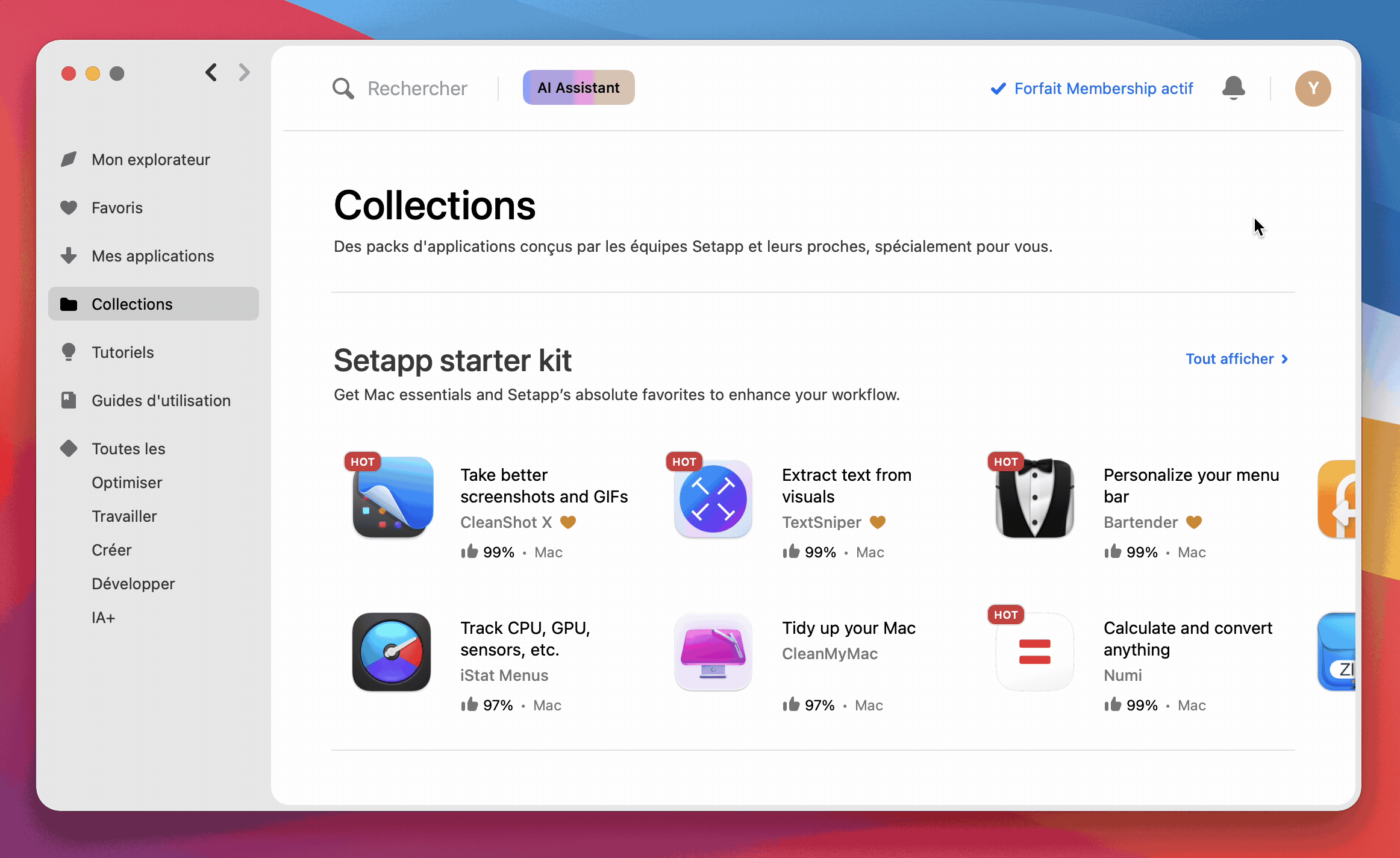  La capture d’écran animée montre l’onglet « Collections » sélectionné dans la barre latérale. L’utilisateur clique sur le bouton **« Tout afficher »** pour voir toutes les applications de la collection.
