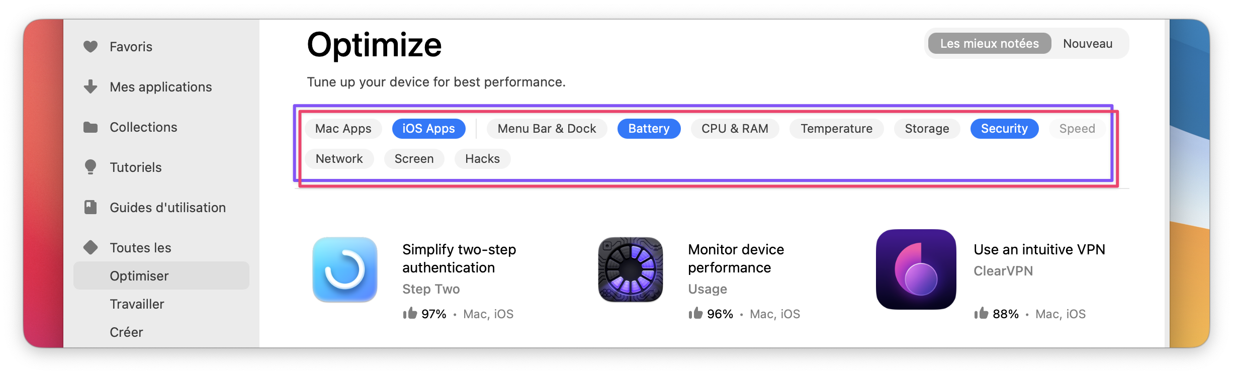 La capture d’écran montre la section « Optimiser » dans Setapp. La catégorie latérale « Optimiser » est sélectionnée. La barre de filtres en haut est encadrée et inclut des boutons comme Mac Apps, iOS Apps, Battery, CPU & RAM, Security, etc.