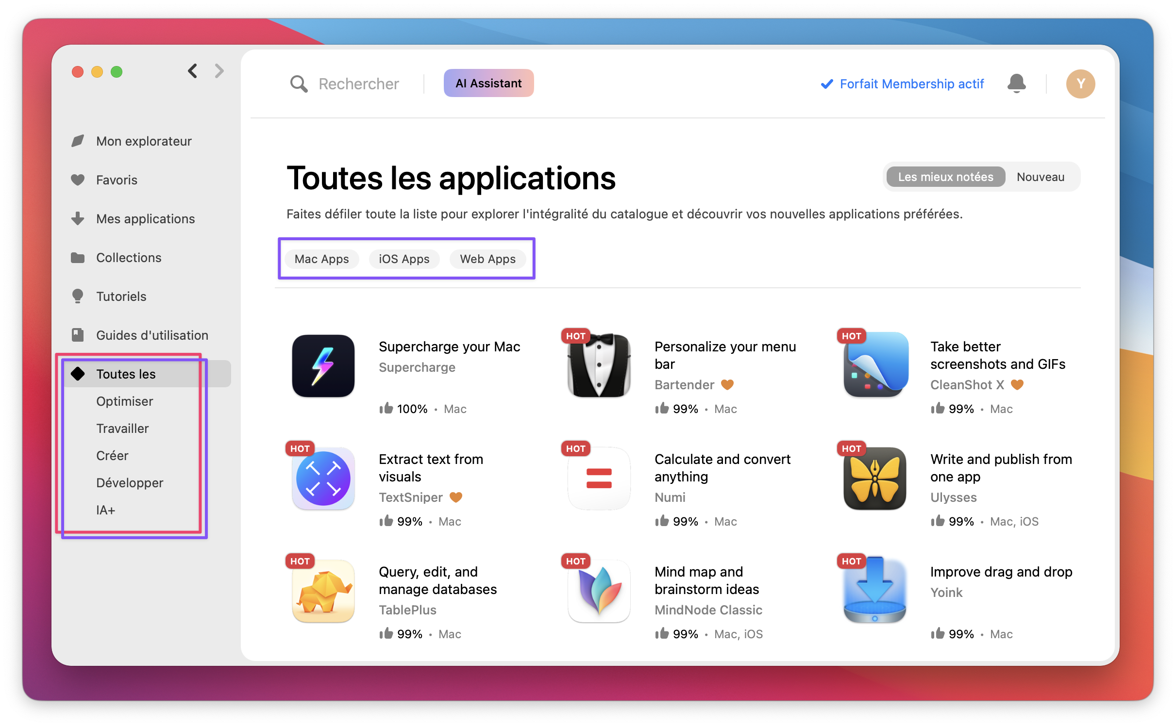 La capture d’écran montre la section « Toutes les applications » dans Setapp. Les éléments encadrés incluent la navigation latérale avec les catégories comme « Toutes les », « Optimiser », « Travailler », « Créer », « Développer » et « IA+ », ainsi que la barre de filtres en haut de la page avec les boutons « Mac Apps », « iOS Apps » et « Web Apps ».