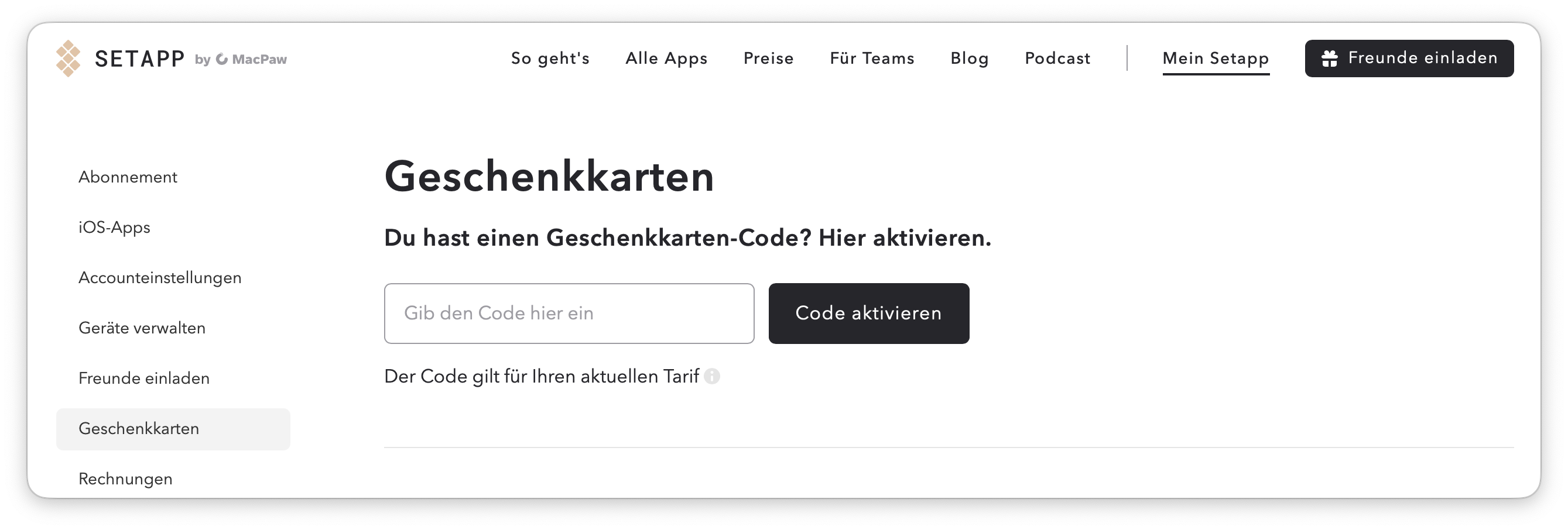 Der Screenshot zeigt den Bereich „Geschenkkarten“ im Benutzerkonto von Setapp. Links ist der Menüpunkt „Geschenkkarten“ ausgewählt. In der Mitte befindet sich ein Eingabefeld für einen Geschenkcode mit dem Button „Code aktivieren“.