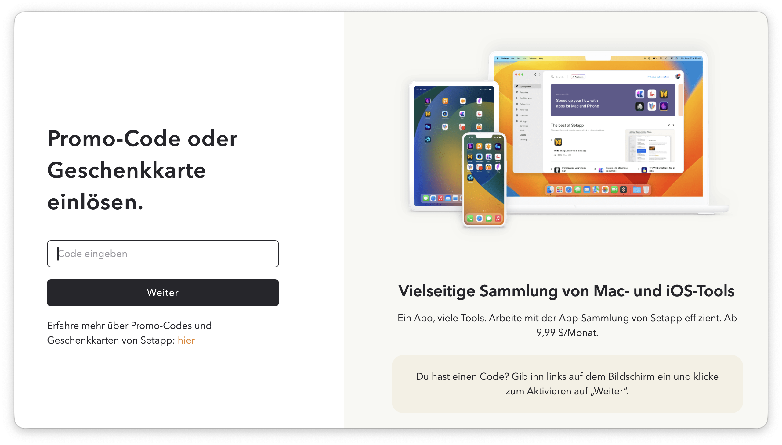 Der Screenshot zeigt die Seite zur Code-Einlösung in Setapp. Links befindet sich ein Feld zur Eingabe eines Promo-Codes oder einer Geschenkkarte mit dem Button „Weiter“. Rechts steht eine Beschreibung zur App-Sammlung und eine Illustration von Mac-, iPhone- und iPad-Geräten.