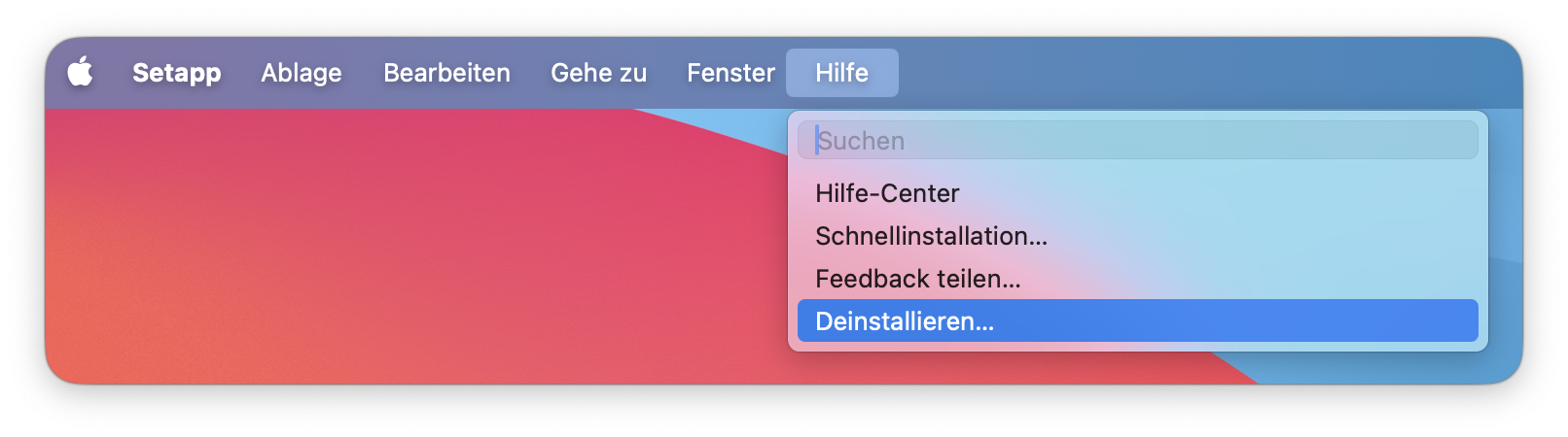 Der Screenshot zeigt die Setapp-Menüleiste auf macOS mit geöffnetem Menü „Hilfe“. Die Option „Deinstallieren…“ ist am unteren Ende der Liste markiert.