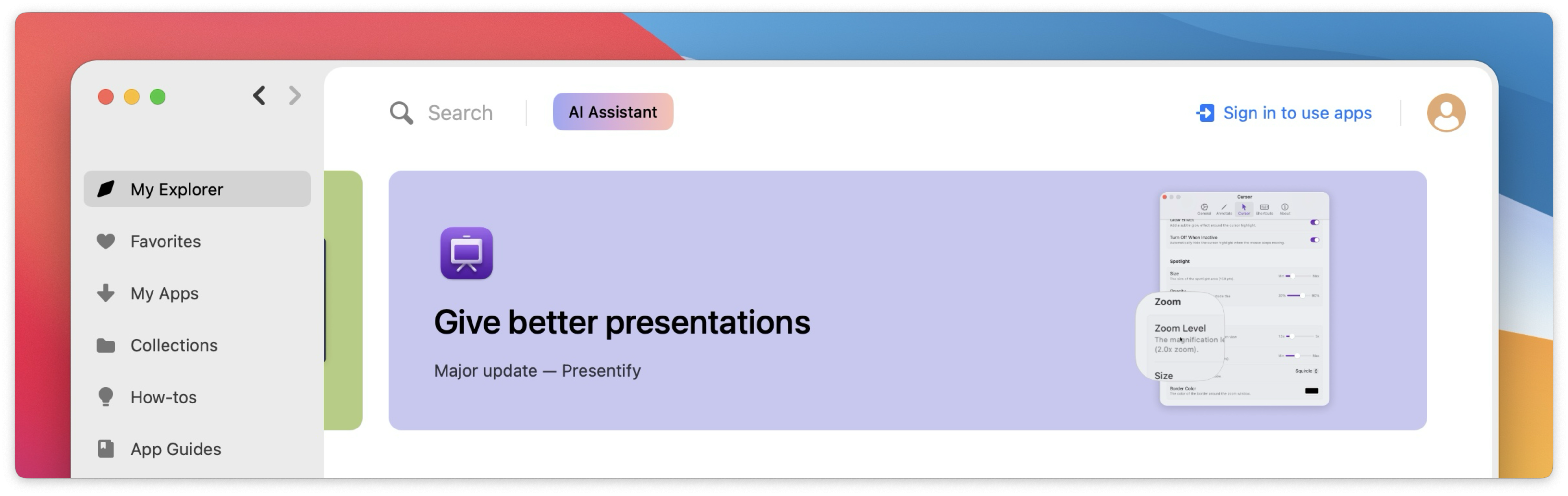 The screenshot shows the Setapp interface with the “Sign in to use apps” link highlighted in the top right corner.