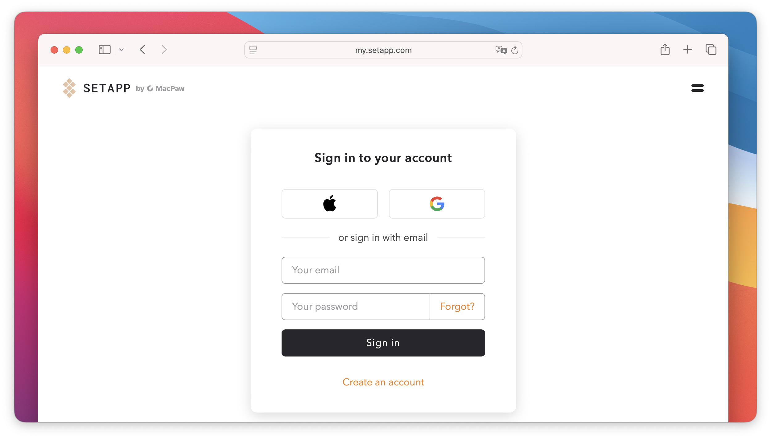 The screenshot shows the Setapp login page, with options to log in via Apple, Google, or email. A "Create Account" link is displayed at the bottom of the form.