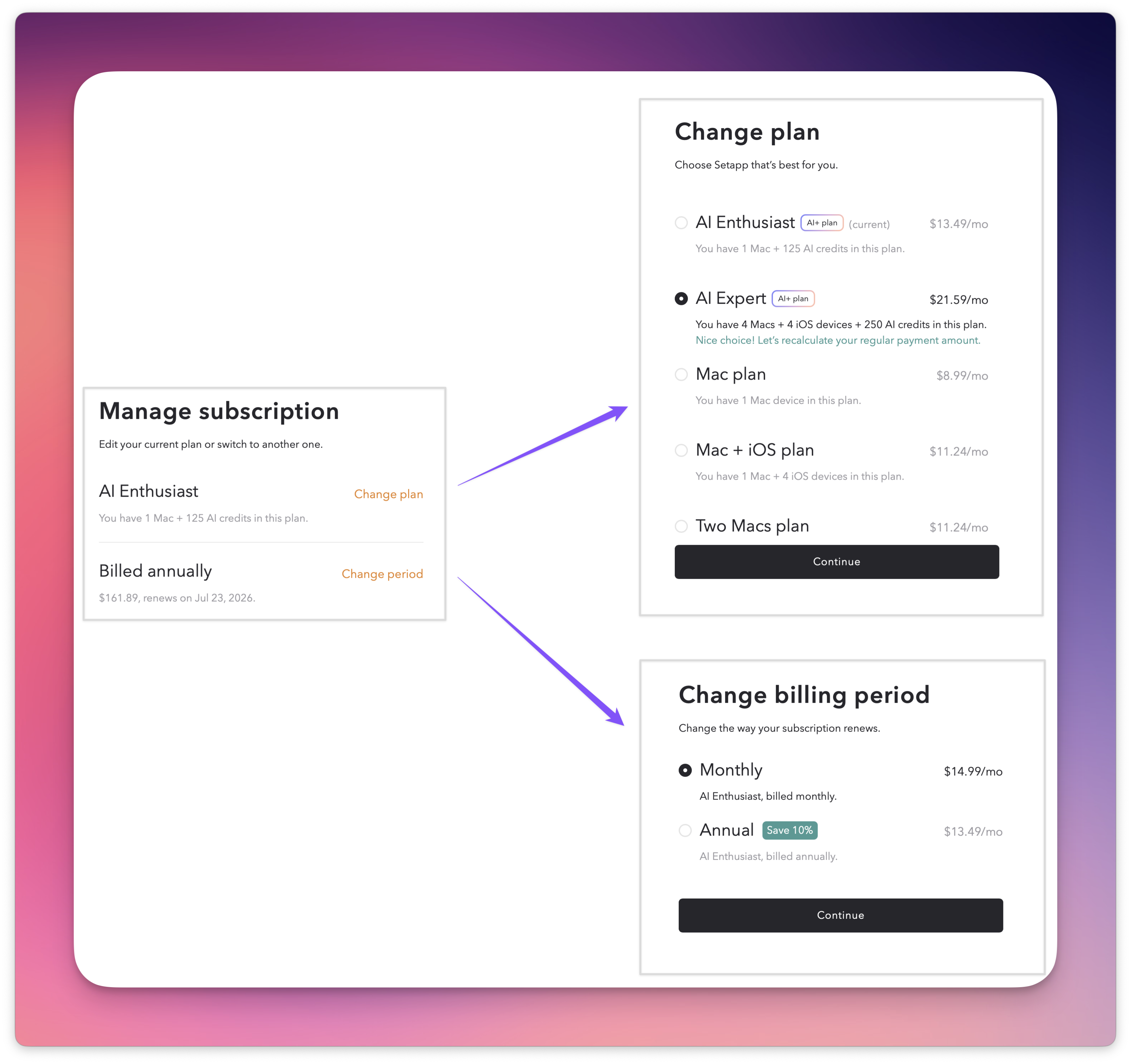 The screenshot shows three pages: Manage Subscription, Change Plan, and Change Billing Period, each displaying the available options.