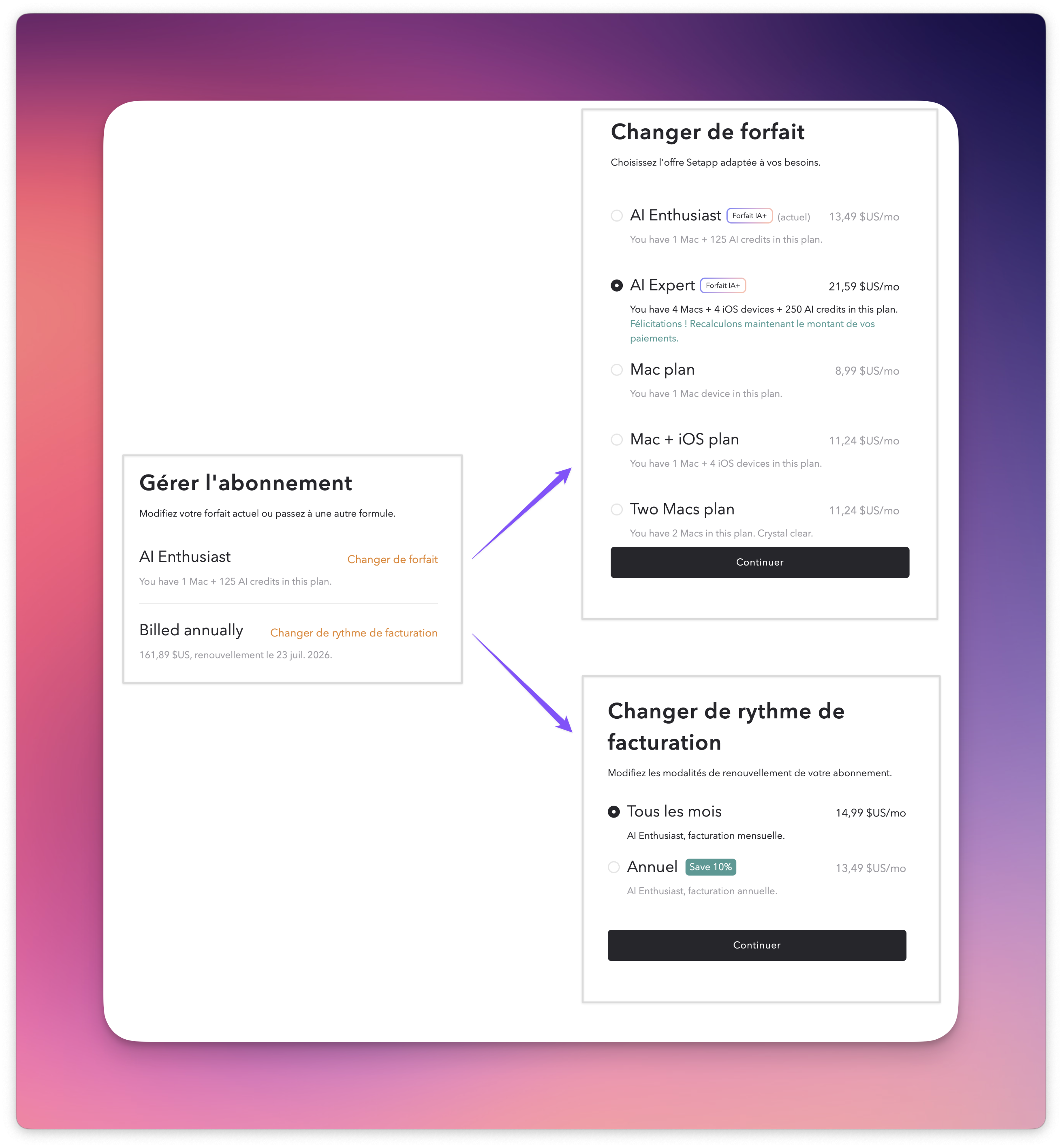 La capture d’écran montre trois pages : Gérer l'abonnement, Changer de forfait et Changer de rythme de facturation, chacune affichant les options disponibles.