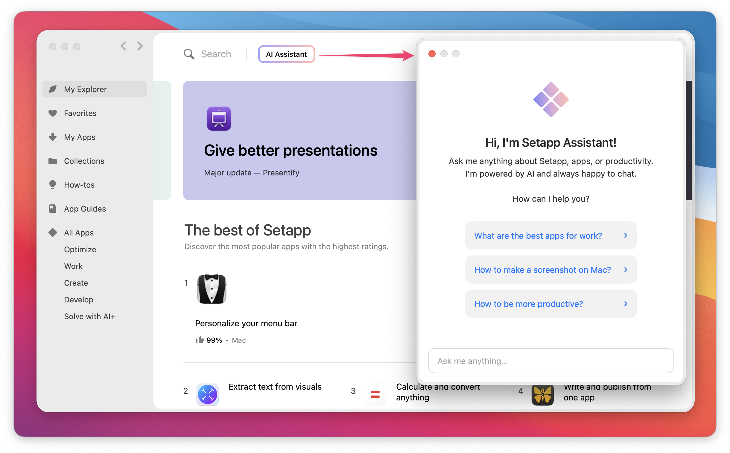 The screenshot shows the opening of the “Setapp Assistant” after clicking the “AI Assistant” button in the interface.