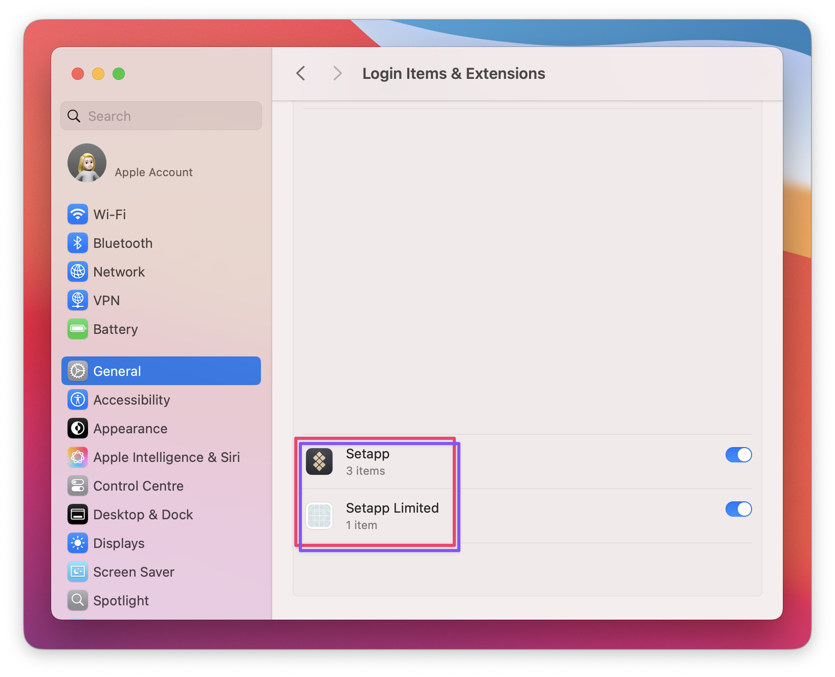 The screenshot shows the “Login Items & Extensions” settings on macOS with “Setapp” and “Setapp Limited” items highlighted and toggled on.