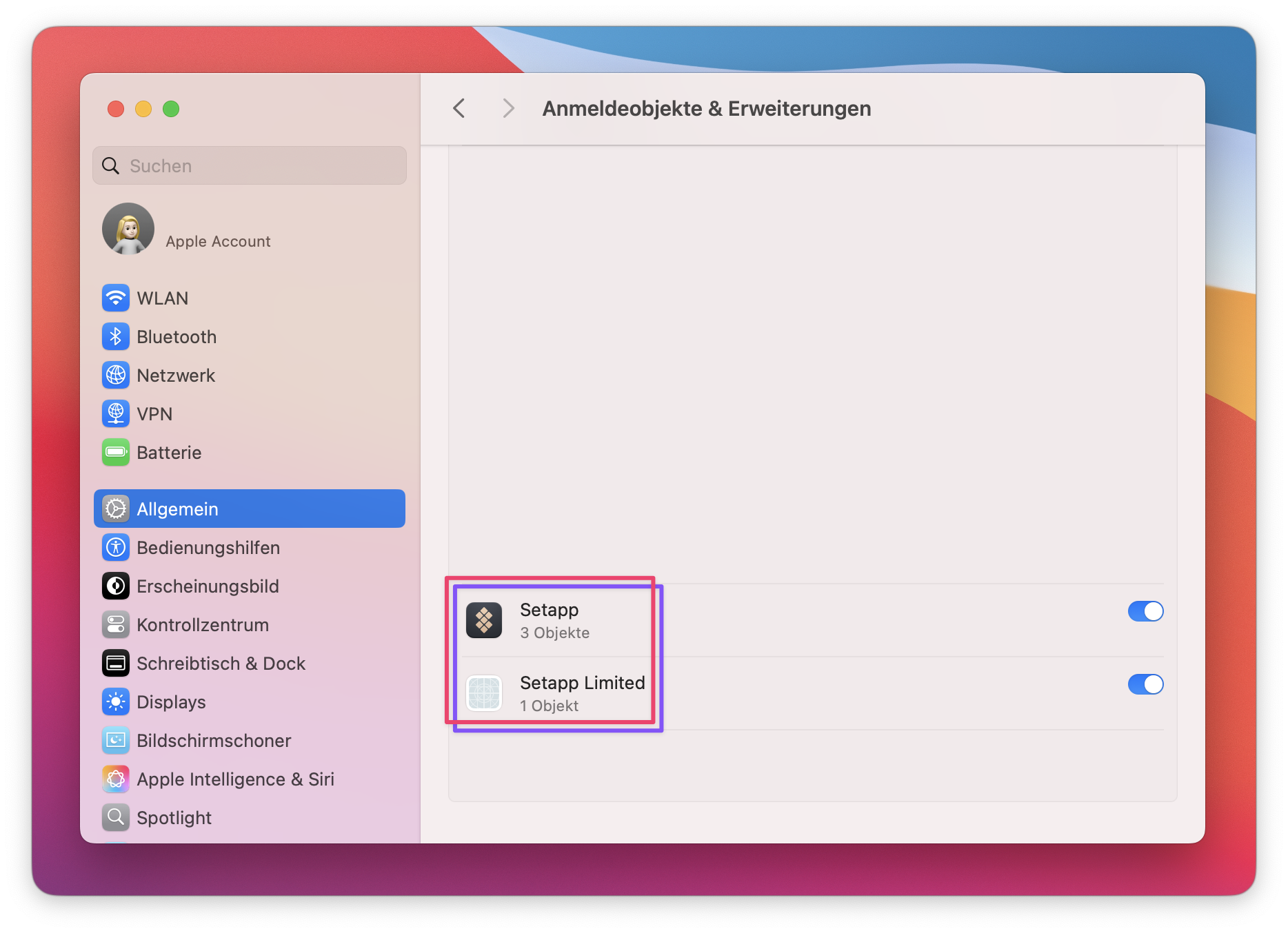 Der Screenshot zeigt die macOS-Systemeinstellungen im Bereich „Anmeldeobjekte & Erweiterungen“. Die Einträge „Setapp“ und „Setapp Limited“ sind markiert und aktiviert.