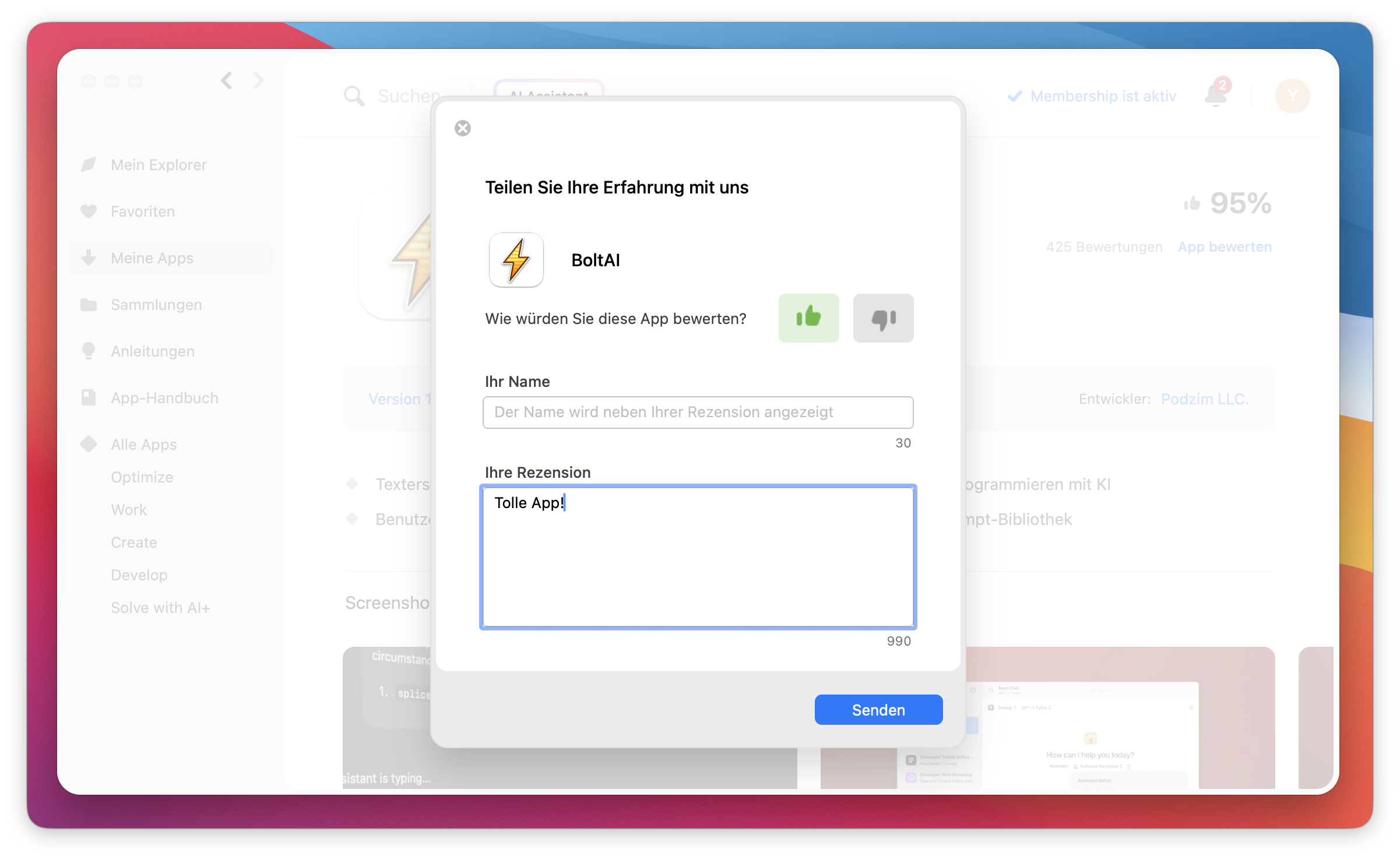 Der zweite Screenshot zeigt das Bewertungsfenster für BoltAI mit dem Textfeld ausgefüllt („Tolle App!“) und dem Button „Senden“.