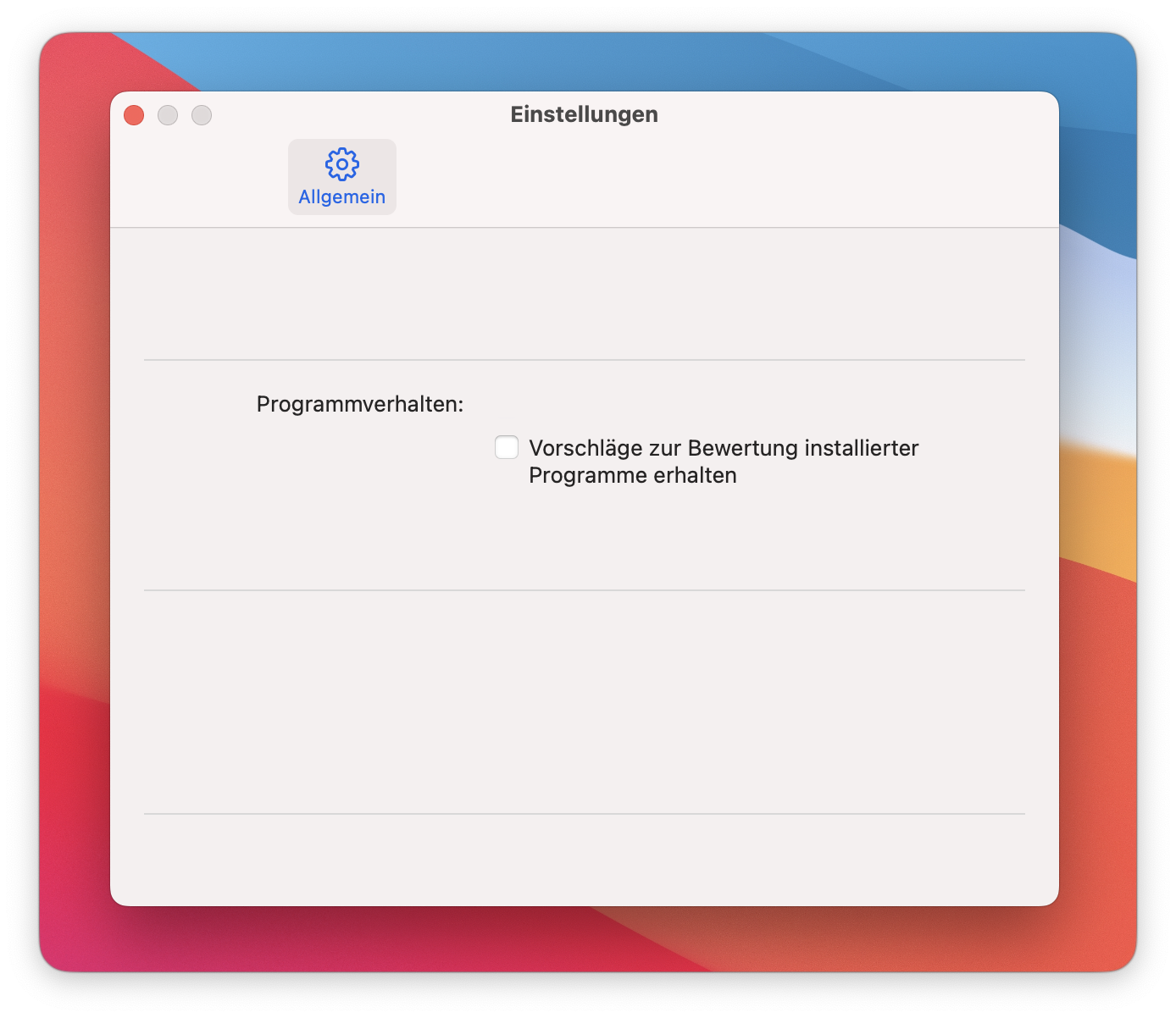 Der dritte Screenshot zeigt die allgemeinen Einstellungen, wobei die Option „Vorschläge zur Bewertung installierter Programme erhalten“ deaktiviert ist.