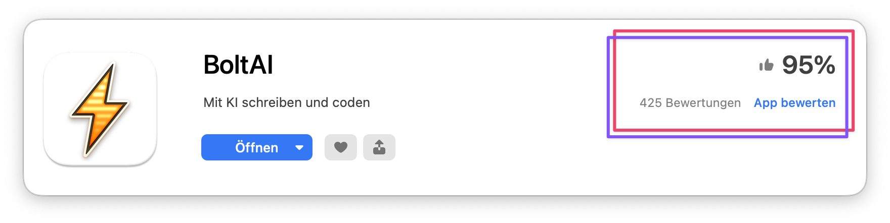 Der erste Screenshot zeigt die App-Seite von BoltAI mit einer Bewertung von 95 % und 425 Bewertungen. Der Link „App bewerten“ ist hervorgehoben.