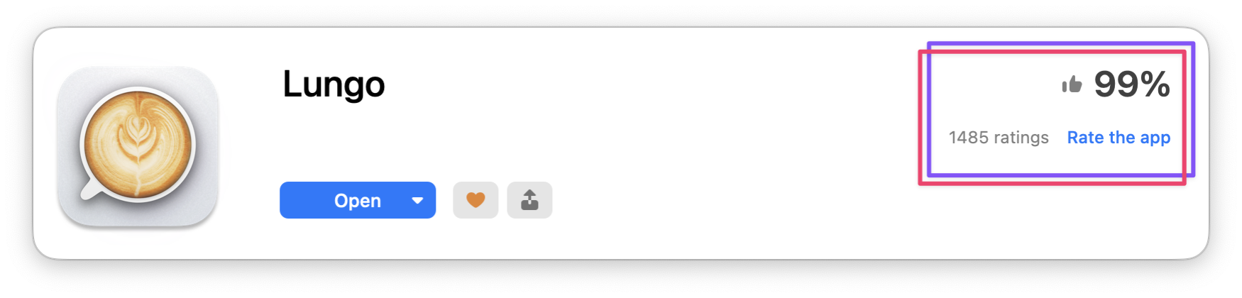 The screenshot shows the Lungo app page with a 99% rating and 1485 ratings, highlighting the “Rate the app” link.