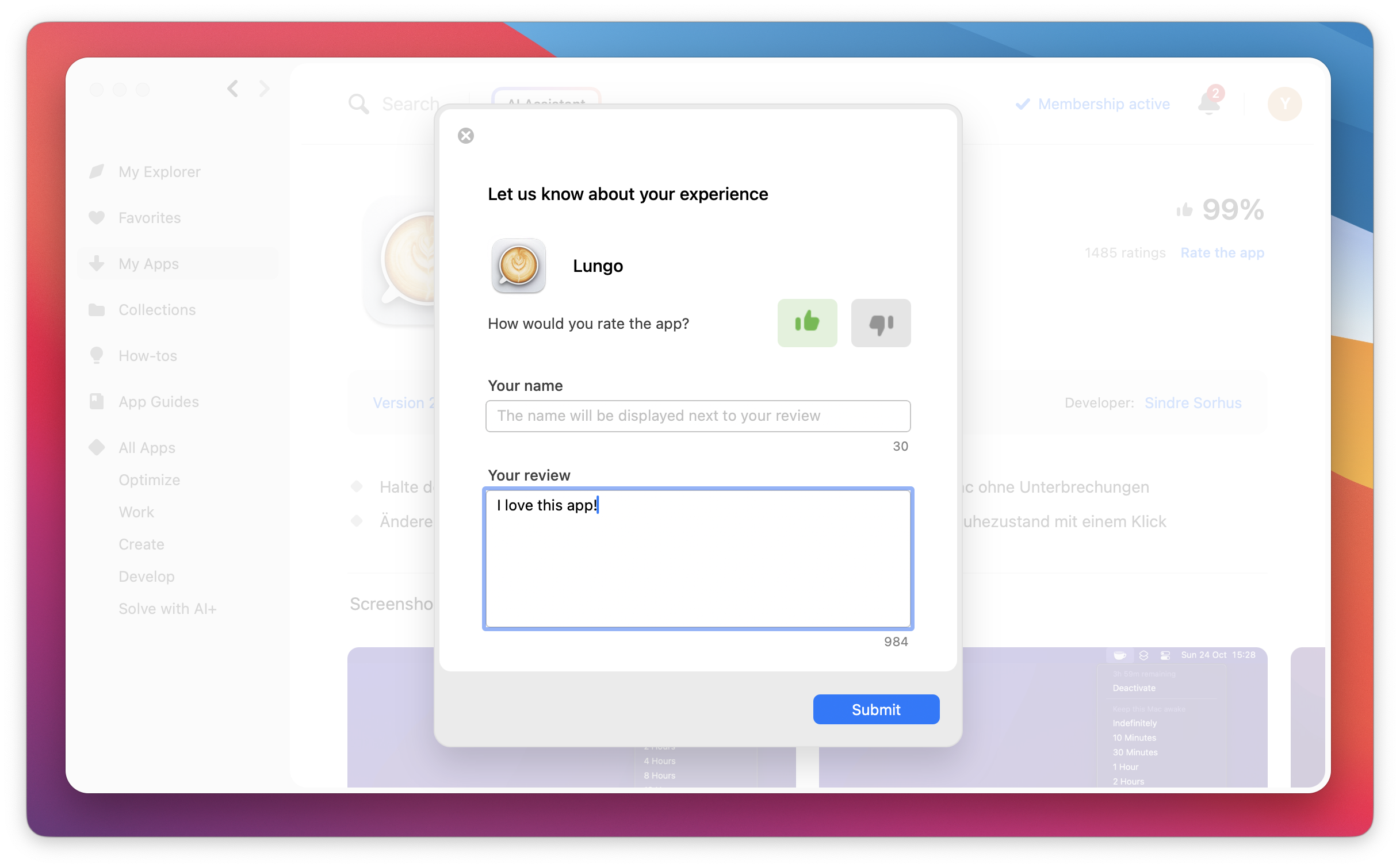 The screenshot shows the feedback form for Lungo with the comment “I love this app” and the “Submit” button.