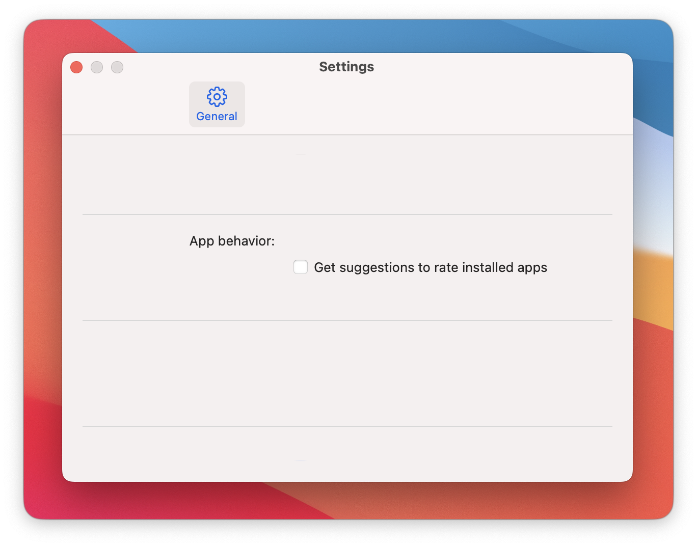 The screenshot shows the Settings panel with the option “Get suggestions to rate installed apps” unchecked.